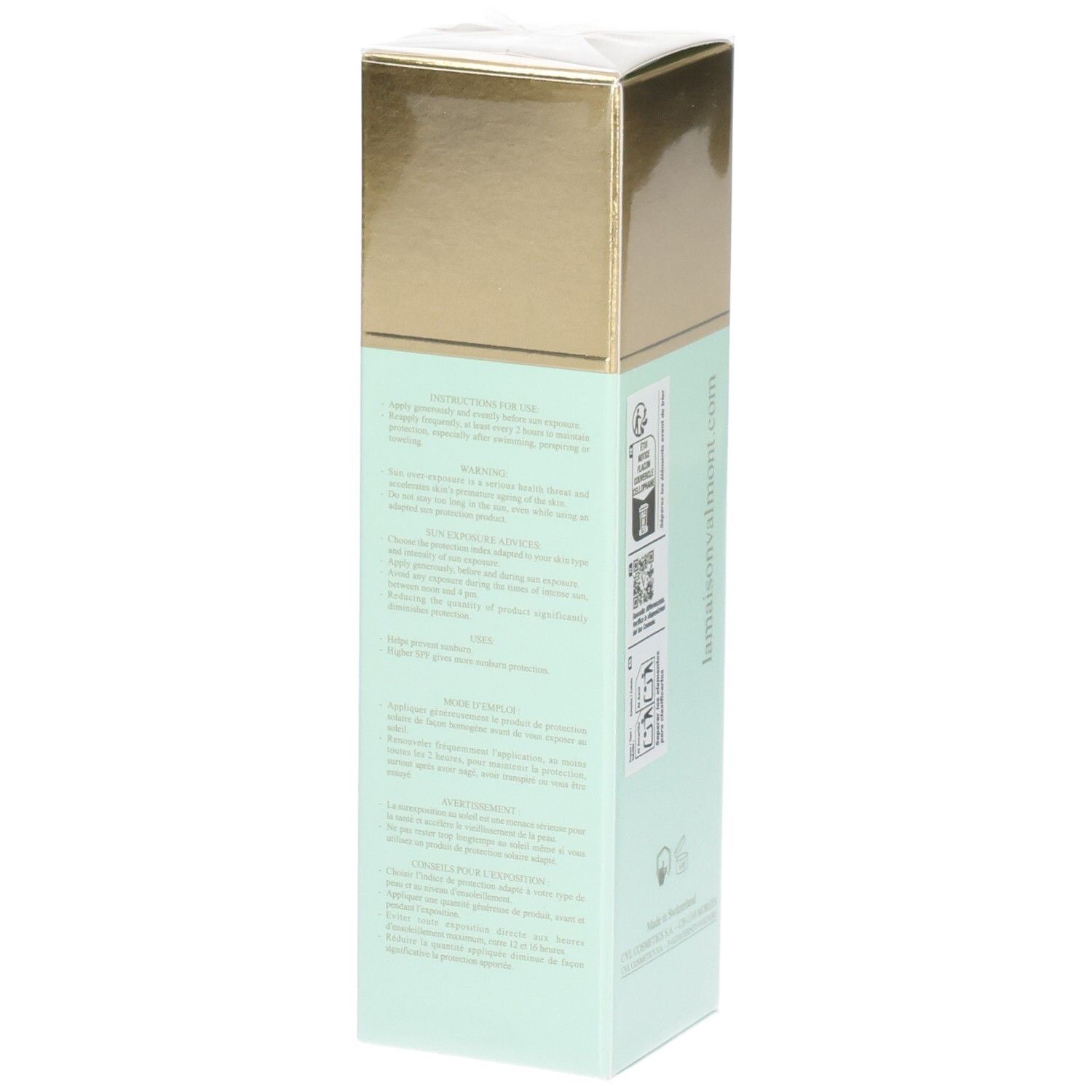 Valmont Restoring Perfection SPF50 Verpackung mit Anwendungshinweisen.