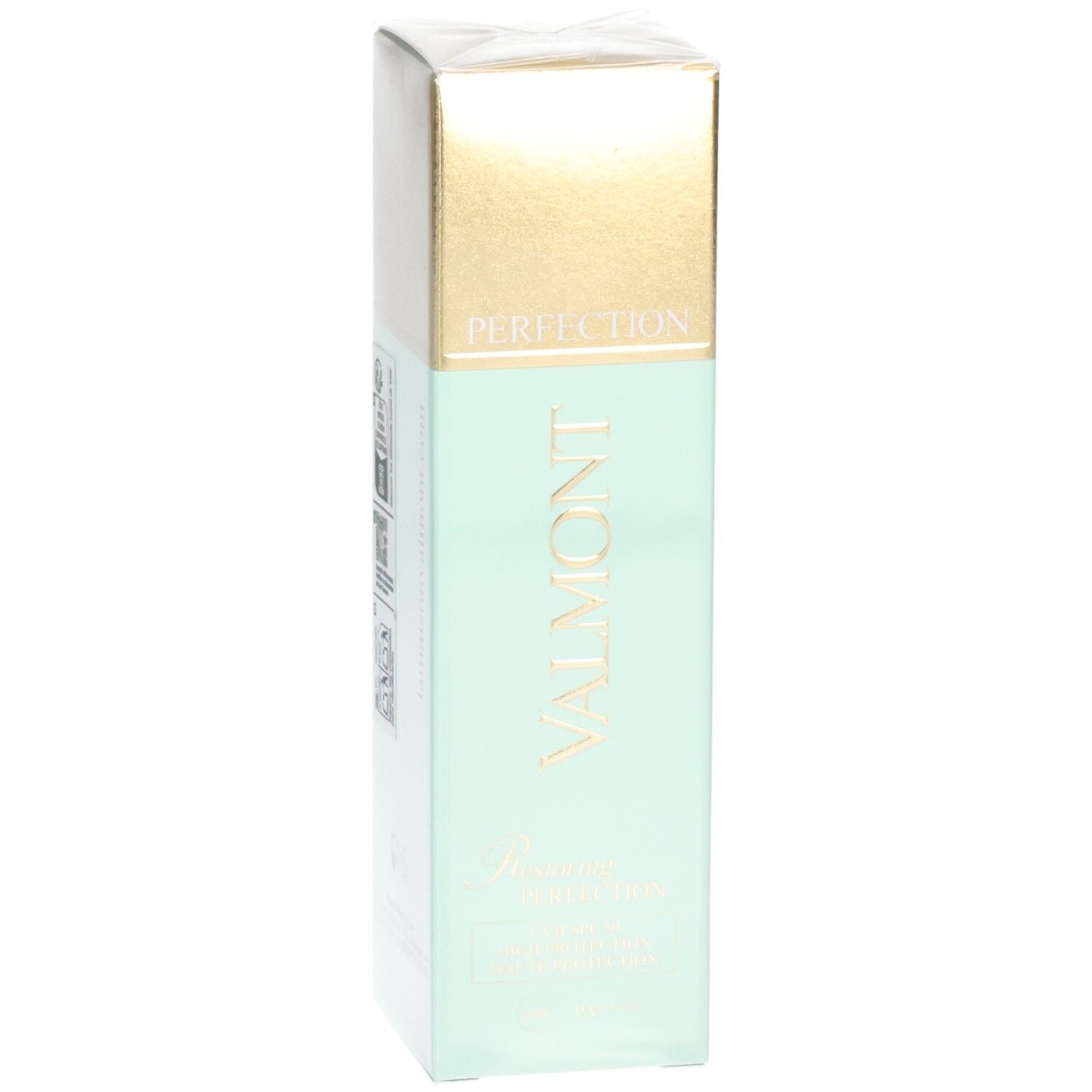 Valmont Restoring Perfection SPF50 Verpackung, Seite mit Siegeln.