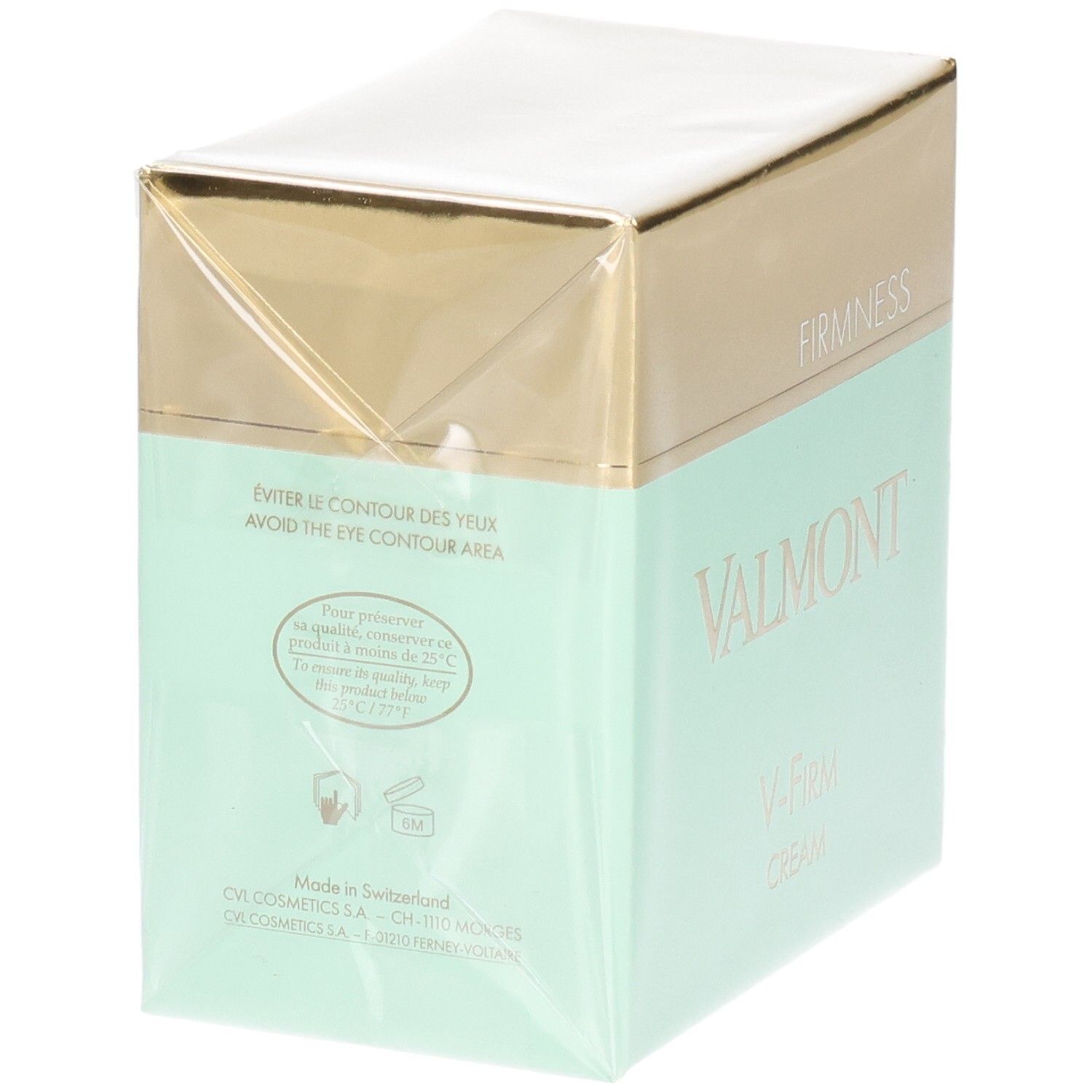 Valmont V-Firm Cream Verpackung, Seite mit Warnhinweis für Augenpartie und "Made in Switzerland".