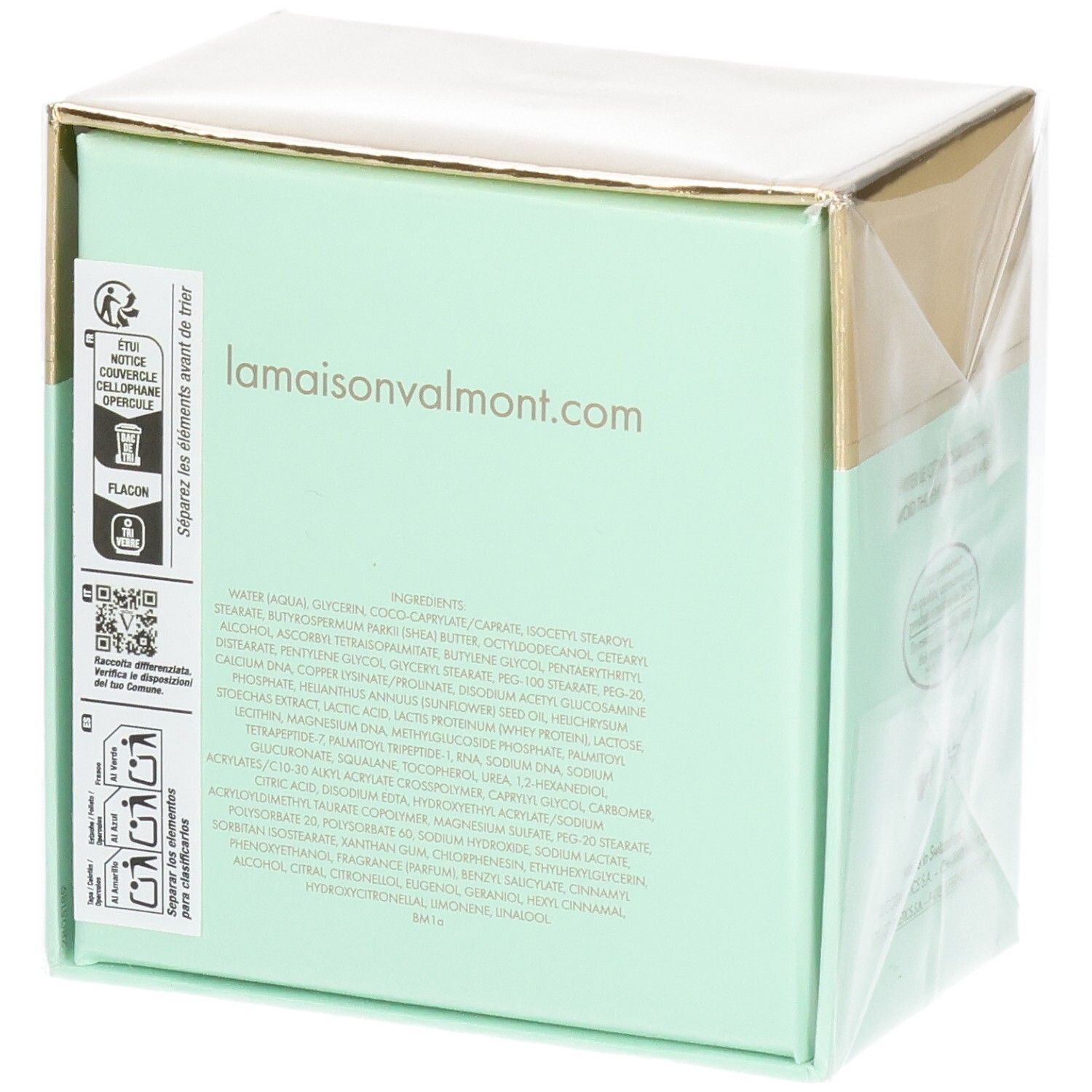 Valmont V-Firm Cream Verpackung, Rückseite mit Inhaltsstoffliste und "lamaisonvalmont.com".