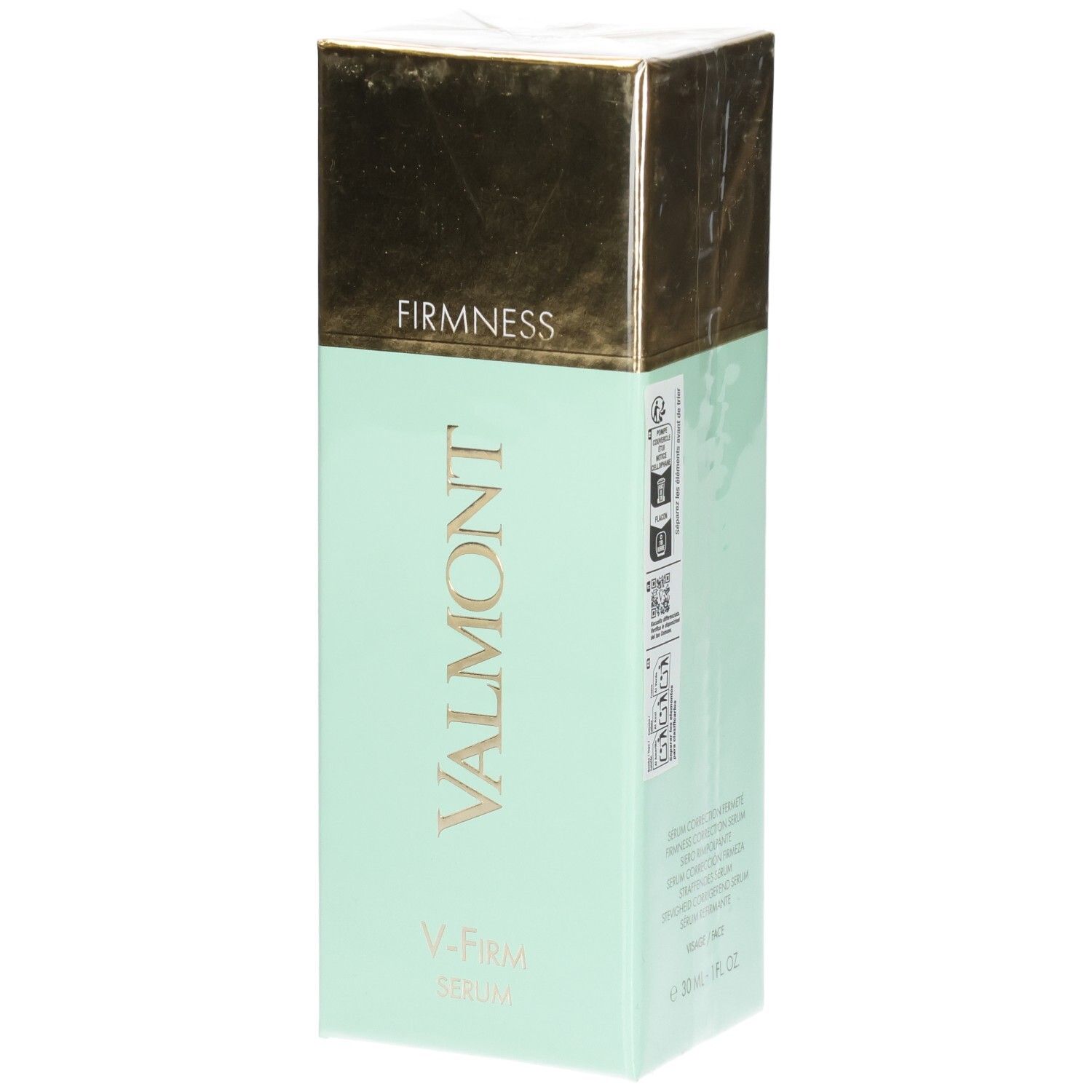 VALMONT V-Firm Serum Karton mit goldener Kappe und Prägung.