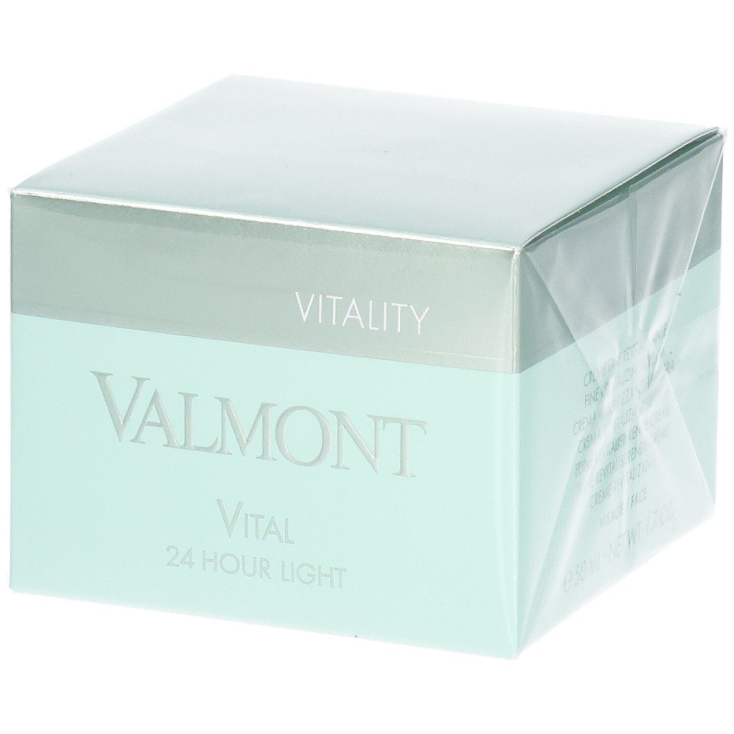 Emballage VALMONT Vital 24 Hour Light Crème. Boîte vert pâle et argentée avec nom du produit et inscription Vitality.