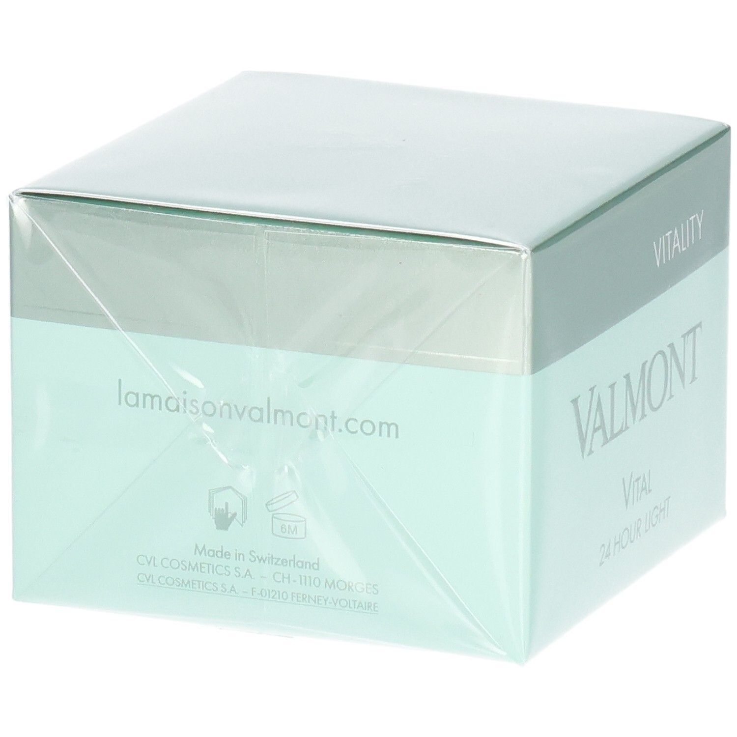 Emballage VALMONT Vital 24 Hour Light Crème. Arrière avec site web, lieu de fabrication et symboles.