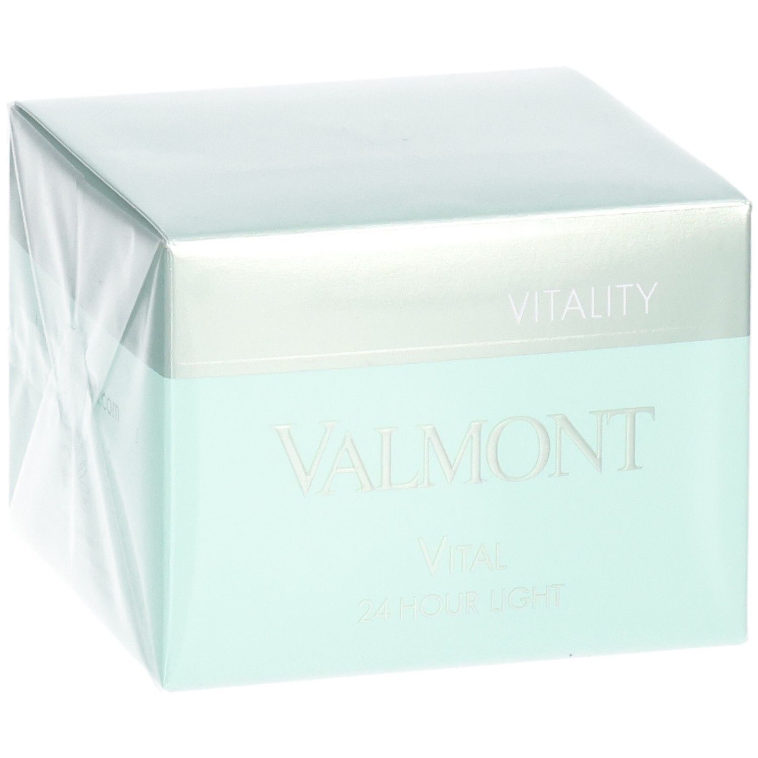 Emballage VALMONT Vital 24 Hour Light Crème. Vue en perspective de la boîte vert pâle et argentée.