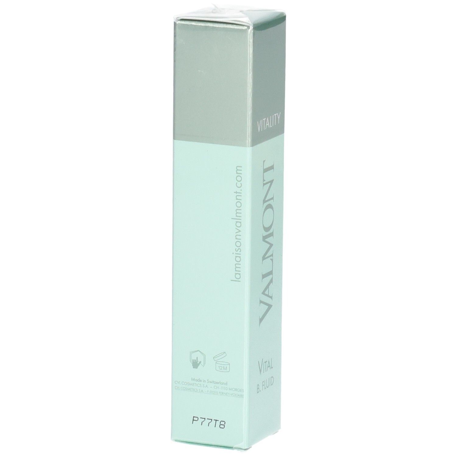 VALMONT Vital B. Fluid Verpackung, Rückseite. Enthält Website und Chargennummer.