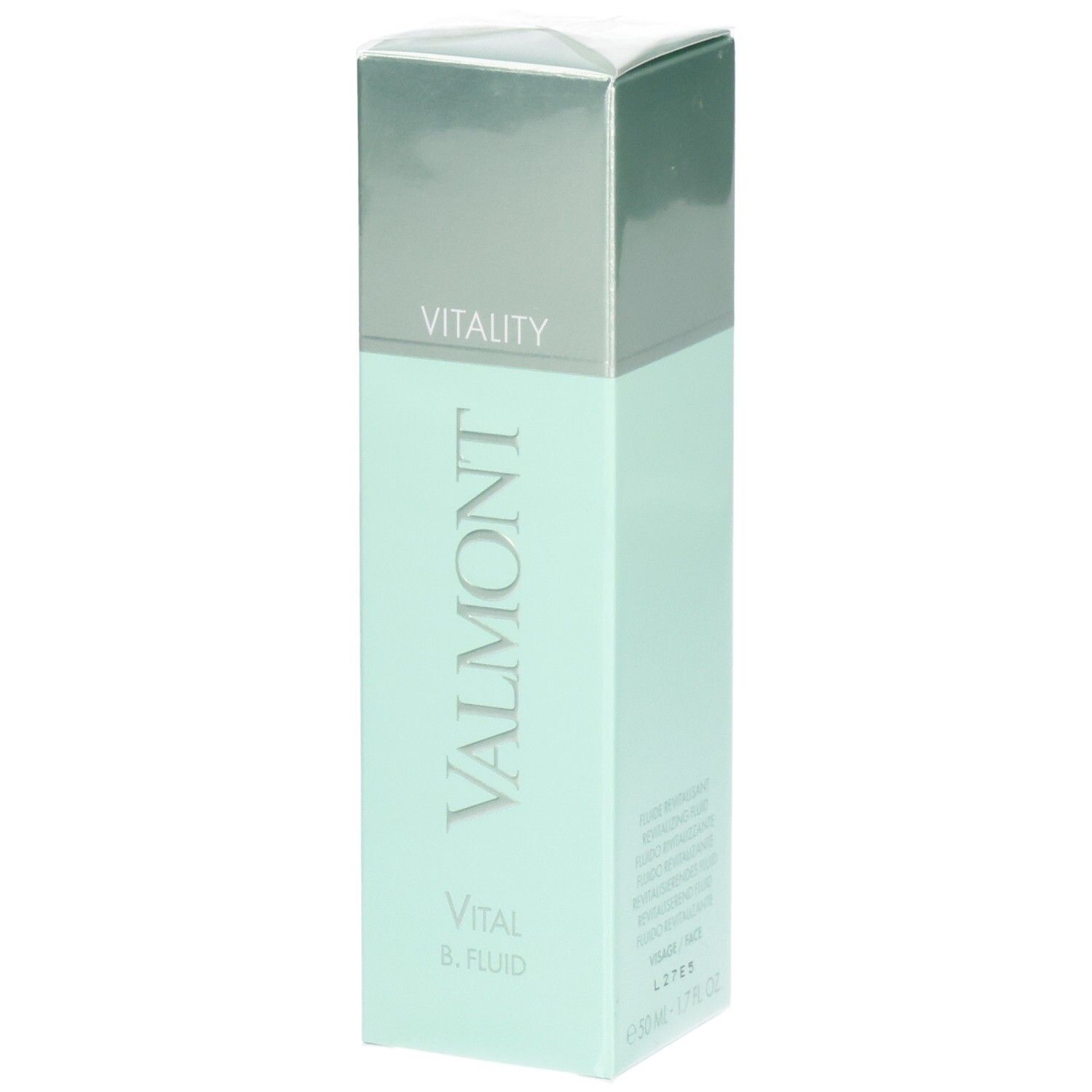 VALMONT Vital B. Fluid Flakon in hellgrüner Verpackung mit silbernem Deckel.