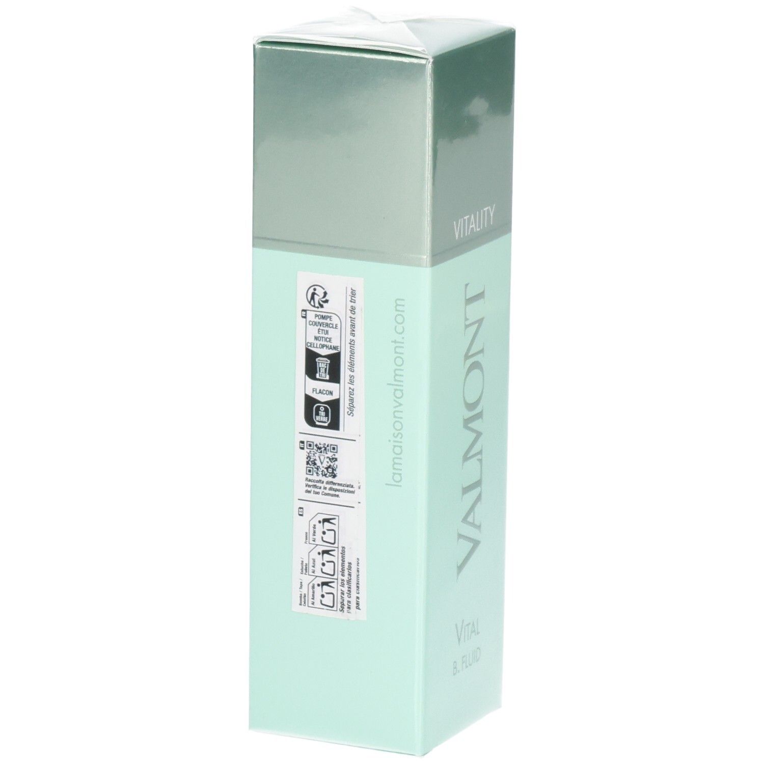 VALMONT Vital B. Fluid Flakon mit Etiketten und QR-Code auf der Rückseite.