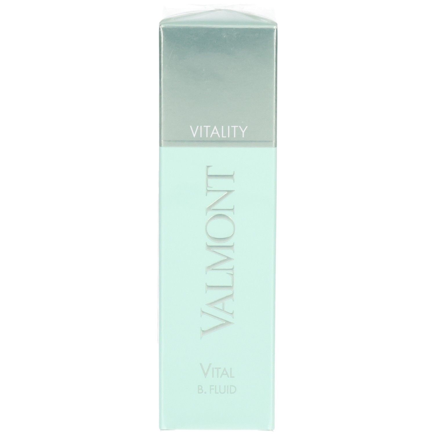 VALMONT Vital B. Fluid Flakon in hellgrüner Verpackung, Vorderansicht.