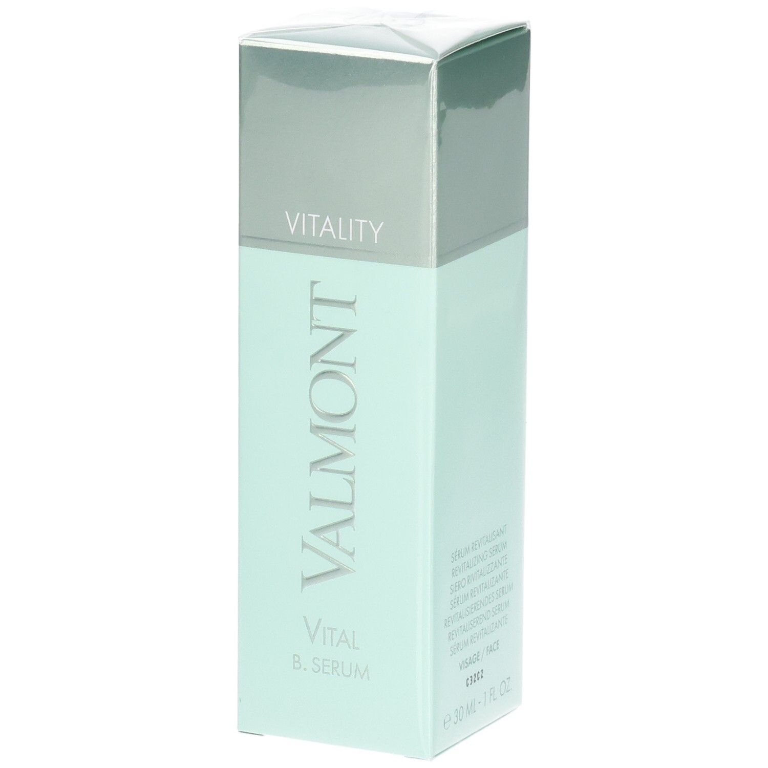 VALMONT Vital B. Serum Verpackung. Hellgrüne und silberne Box mit Produktnamen und Vitality-Schriftzug.