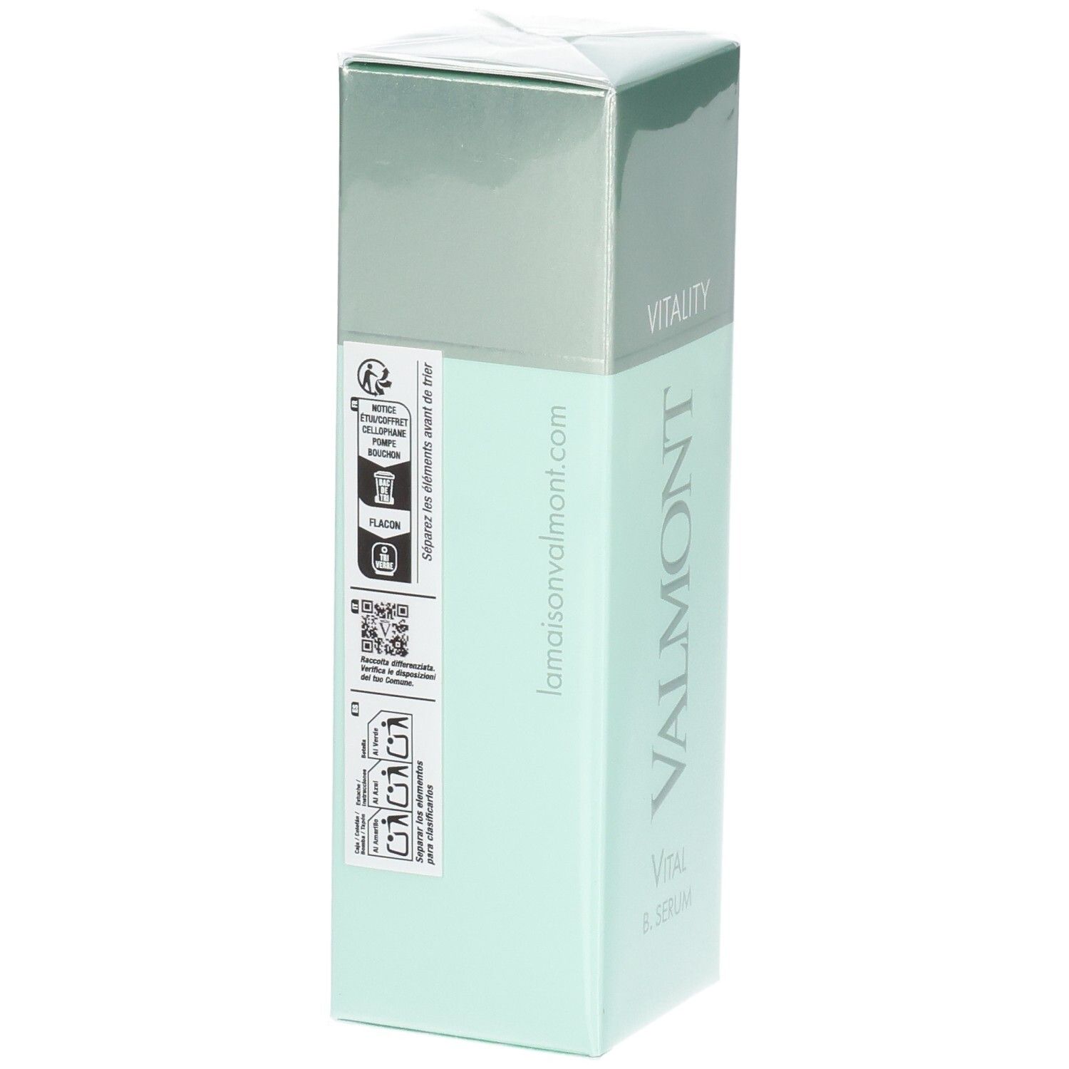VALMONT Vital B. Serum Verpackung. Rückseite mit Website und Recycling-Symbolen.