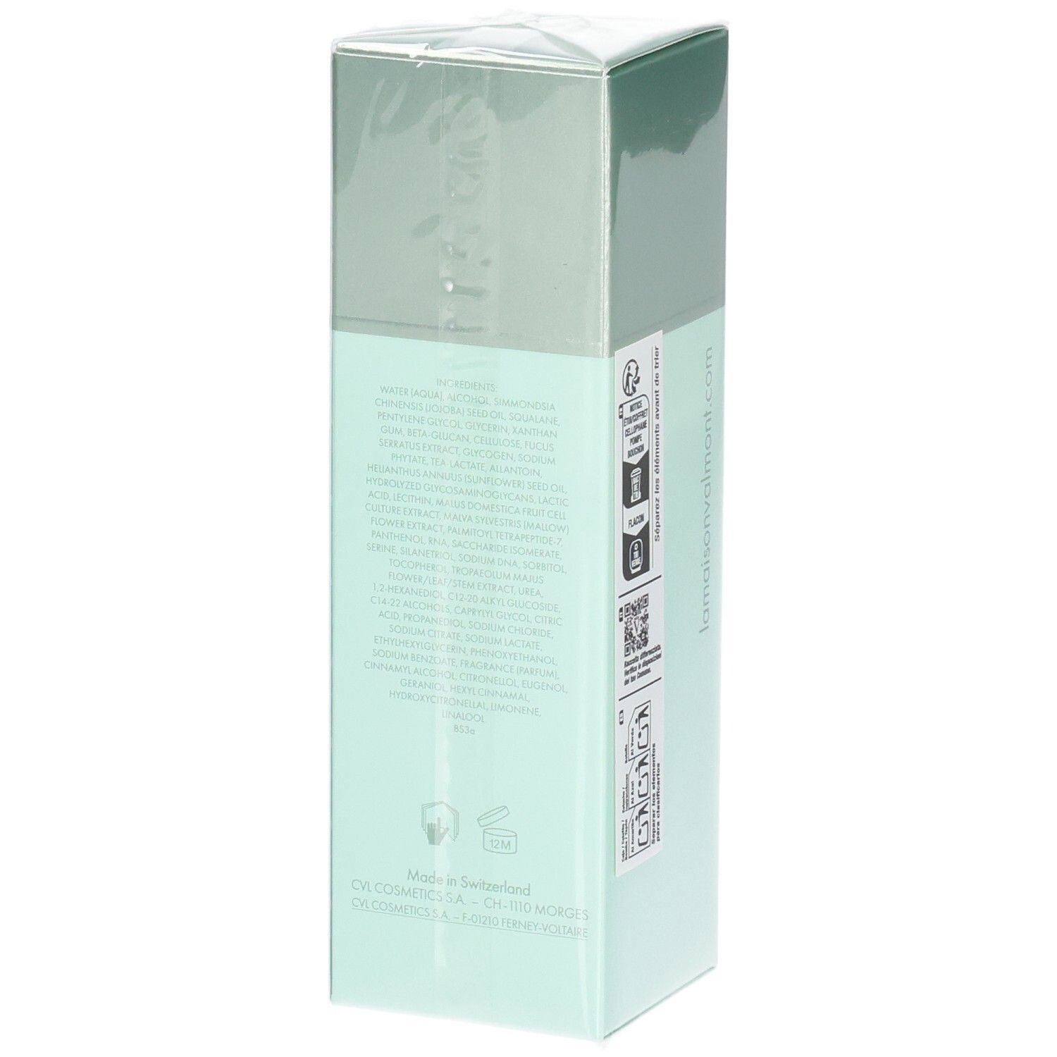 VALMONT Vital B. Serum Verpackung. Seite mit detaillierten Produktinformationen und Made in Switzerland-Hinweis.
