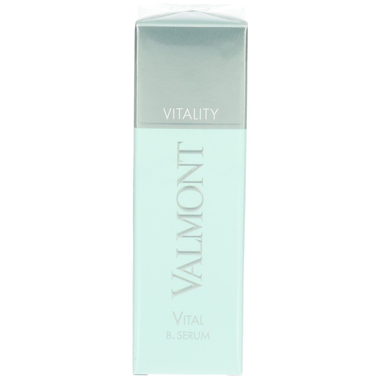 VALMONT Vital B. Serum Verpackung. Vorderansicht der hellgrünen und silbernen Box.