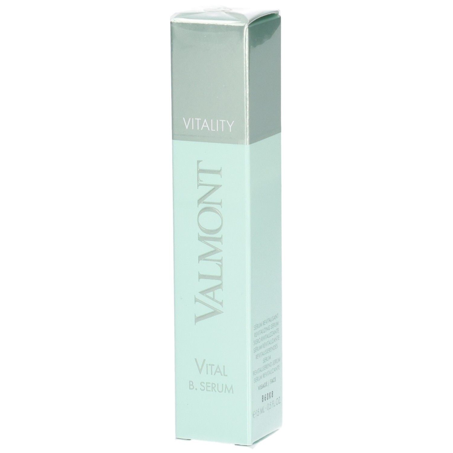 VALMONT Vital B. Serum Verpackung, mintgrün und silber.