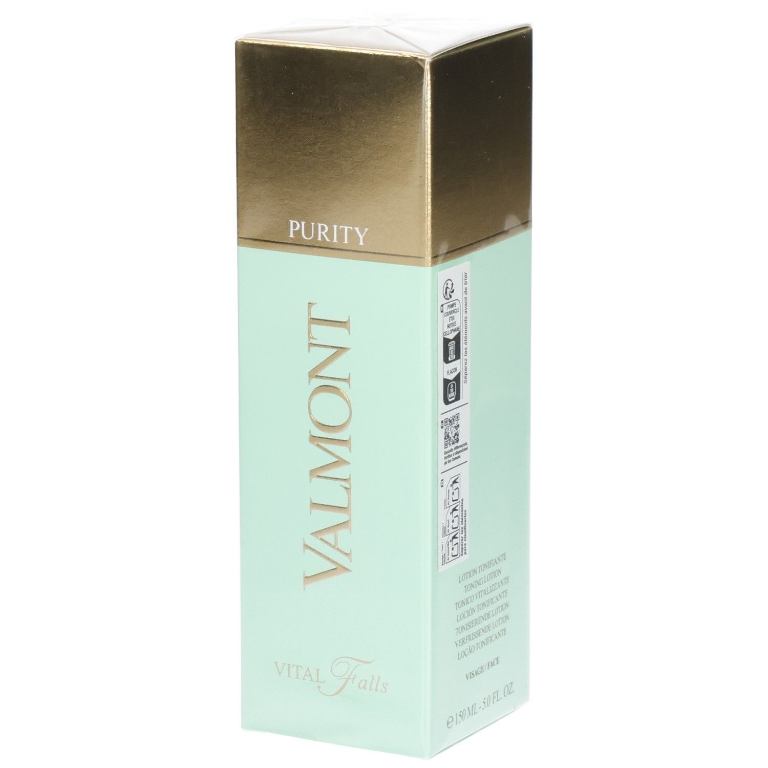 Valmont Vital Falls Purity Lotion, mintgrüne Verpackung mit goldener Kappe.