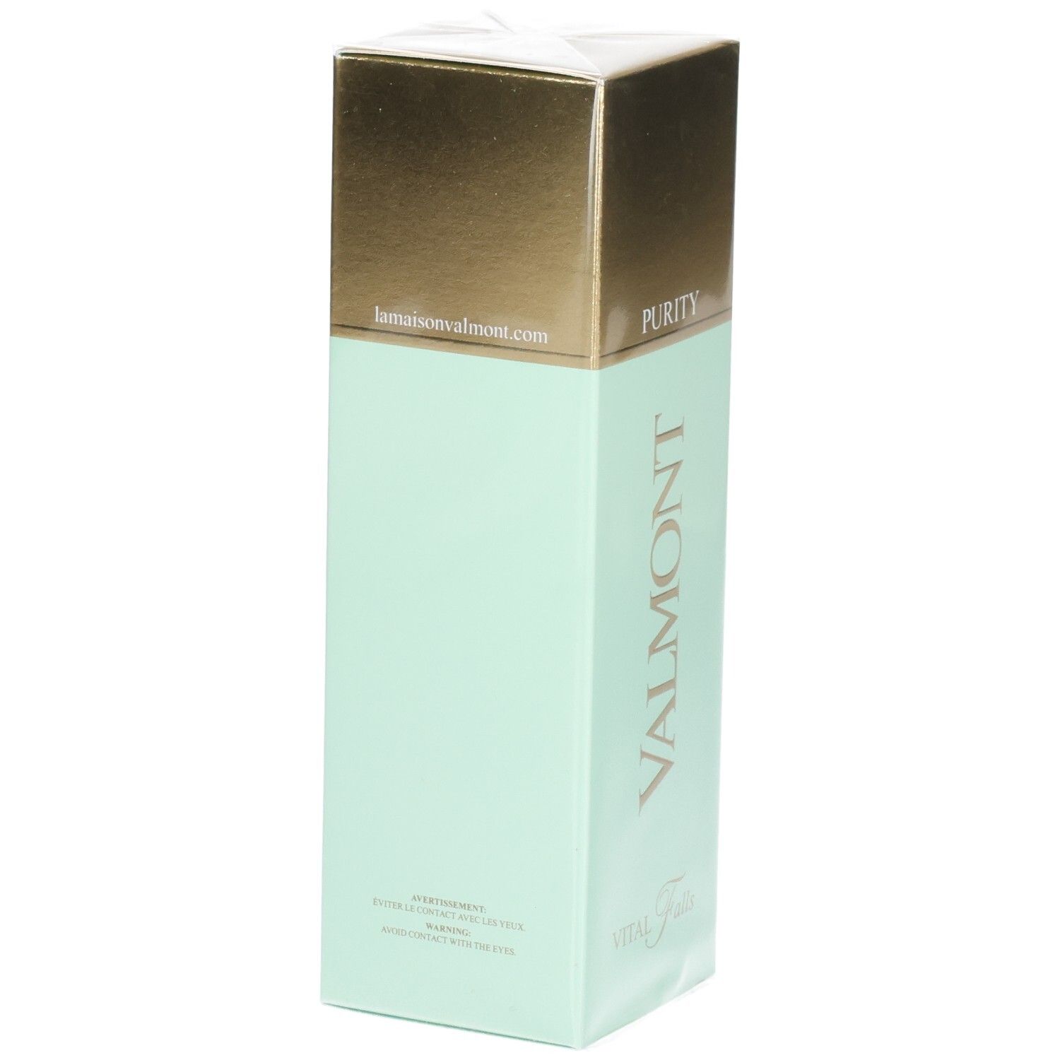 Valmont Vital Falls Purity Lotion, mintgrüne Verpackung mit goldener Kappe und Website.