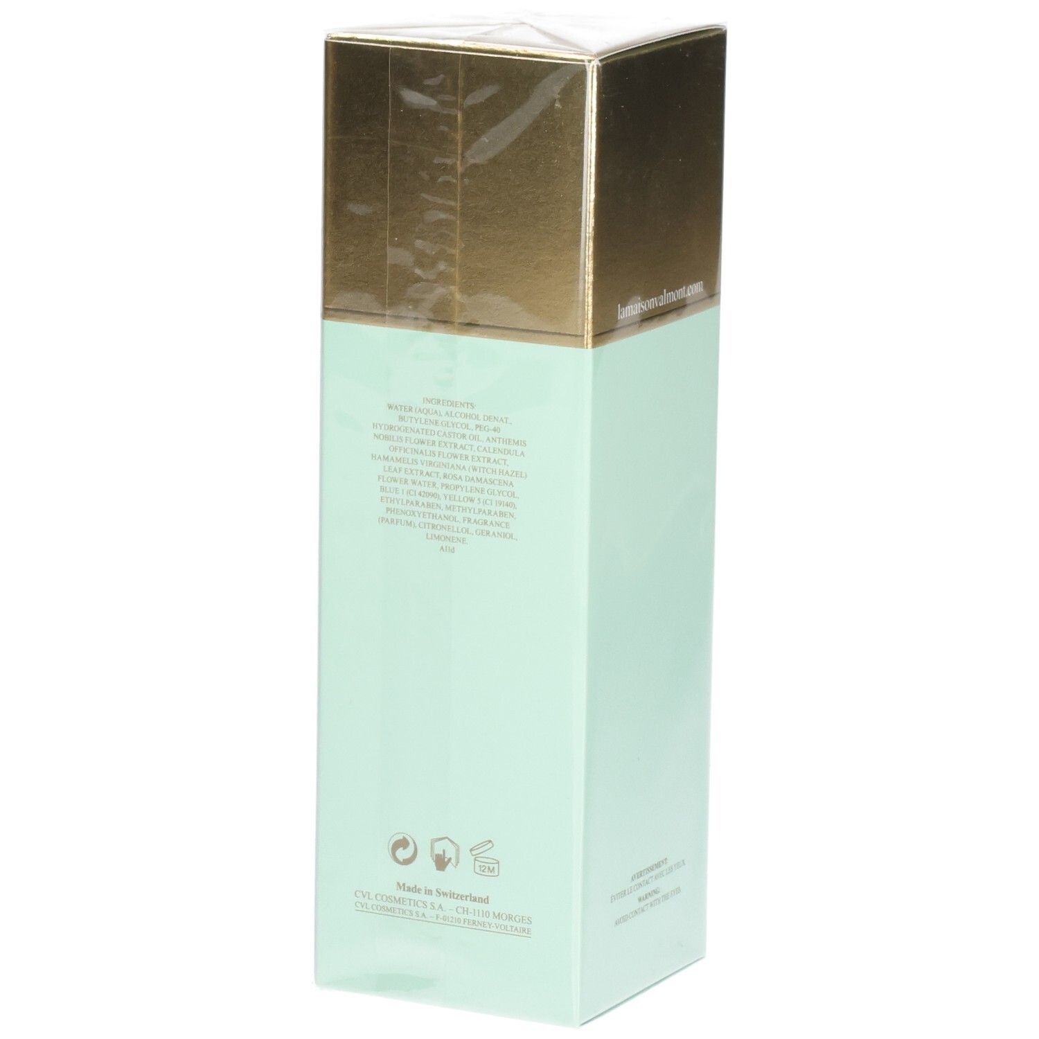 Valmont Vital Falls Purity Lotion, Rückseite der mintgrünen Verpackung mit Inhaltsstoffen.