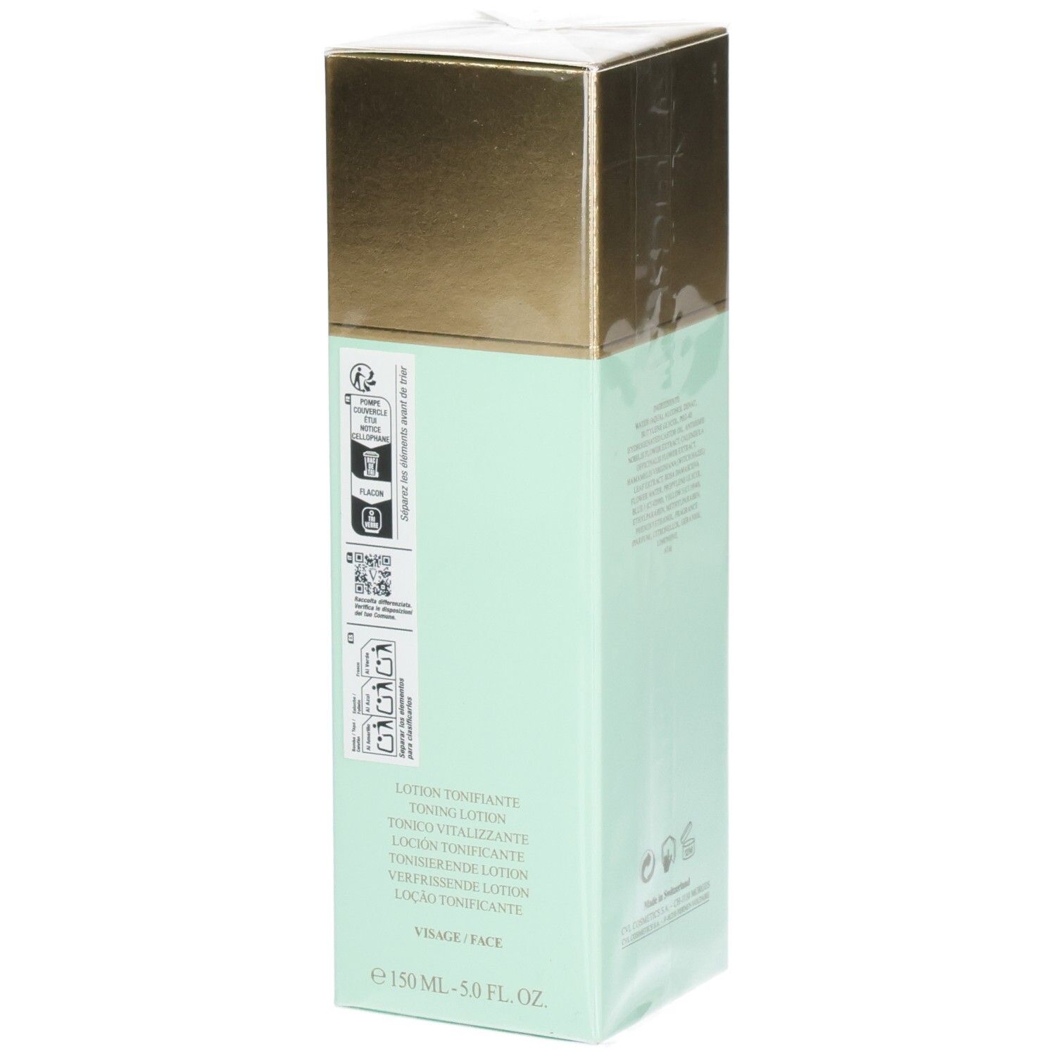 Valmont Vital Falls Purity Lotion, mintgrüne Verpackung mit Anwendungshinweisen und Volumen.