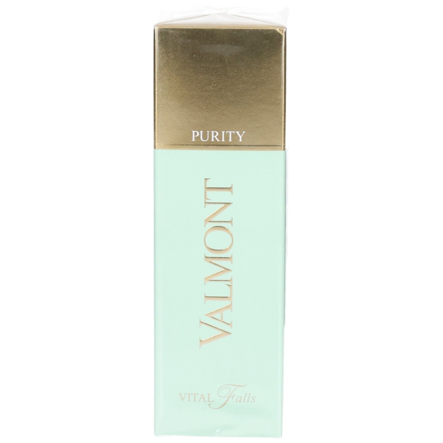 Valmont Vital Falls Purity Lotion, mintgrüne Verpackung mit goldener Kappe und Produktnamen.