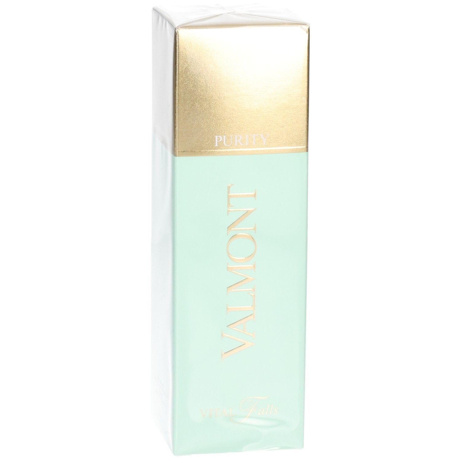 Valmont Vital Falls Purity Lotion, mintgrüne Verpackung mit goldener Kappe, seitliche Ansicht.