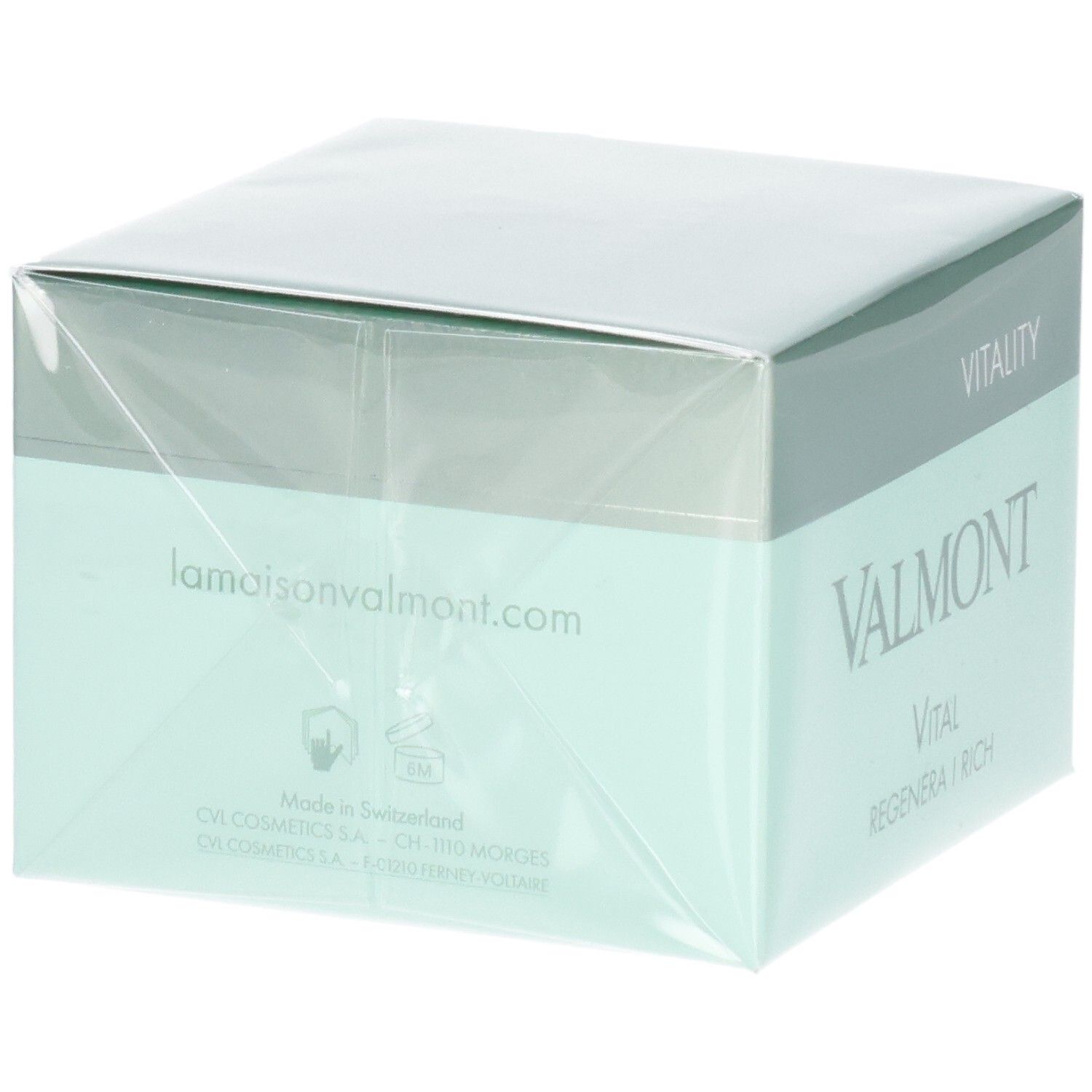 Valmont Vital Regenera I Rich Creme Verpackung, Rückseite mit Website und Herstellungsdetails.