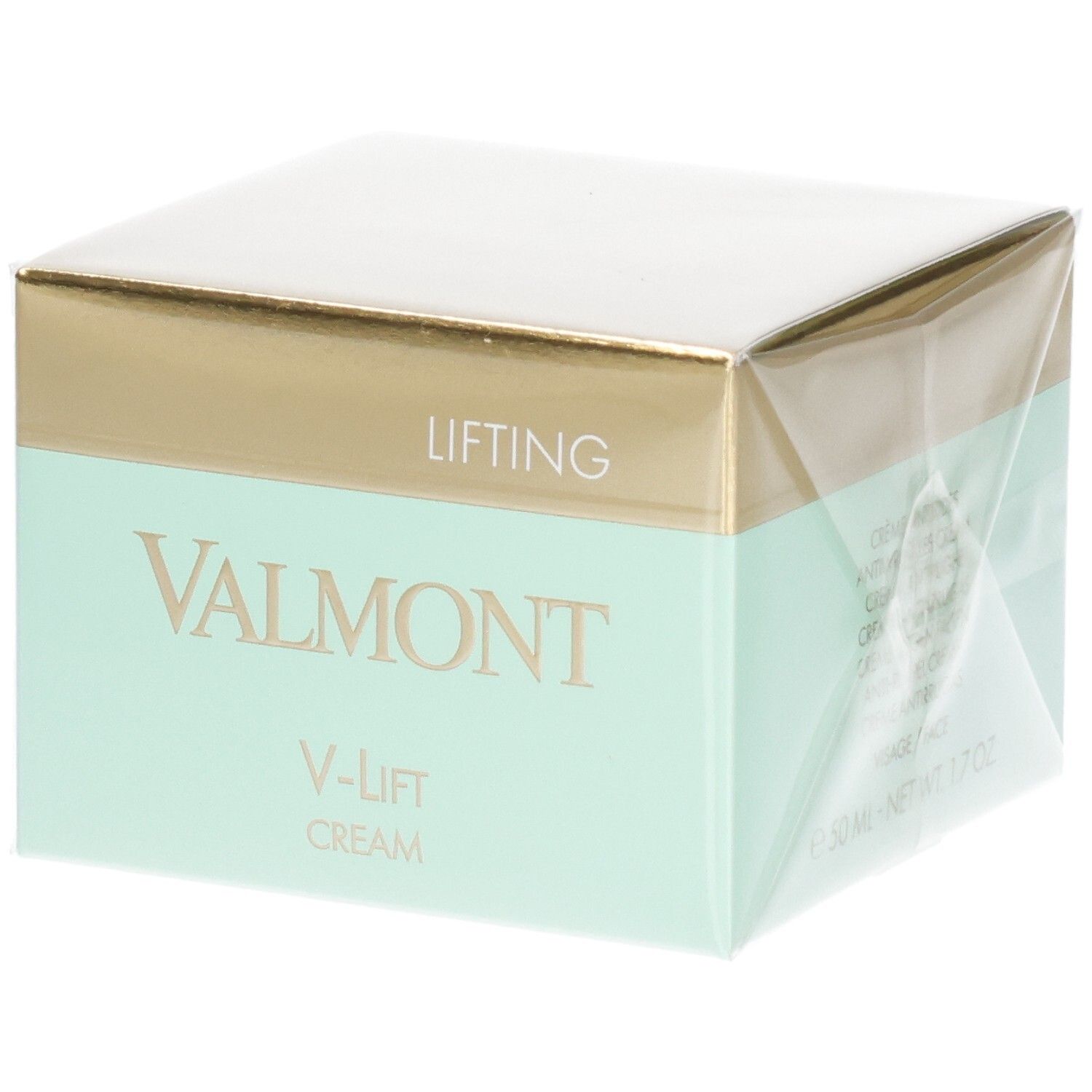 VALMONT V-Lift Cream Verpackung mit goldener und mintgrüner Banderole. "LIFTING" und "VALMONT" Schriftzug.