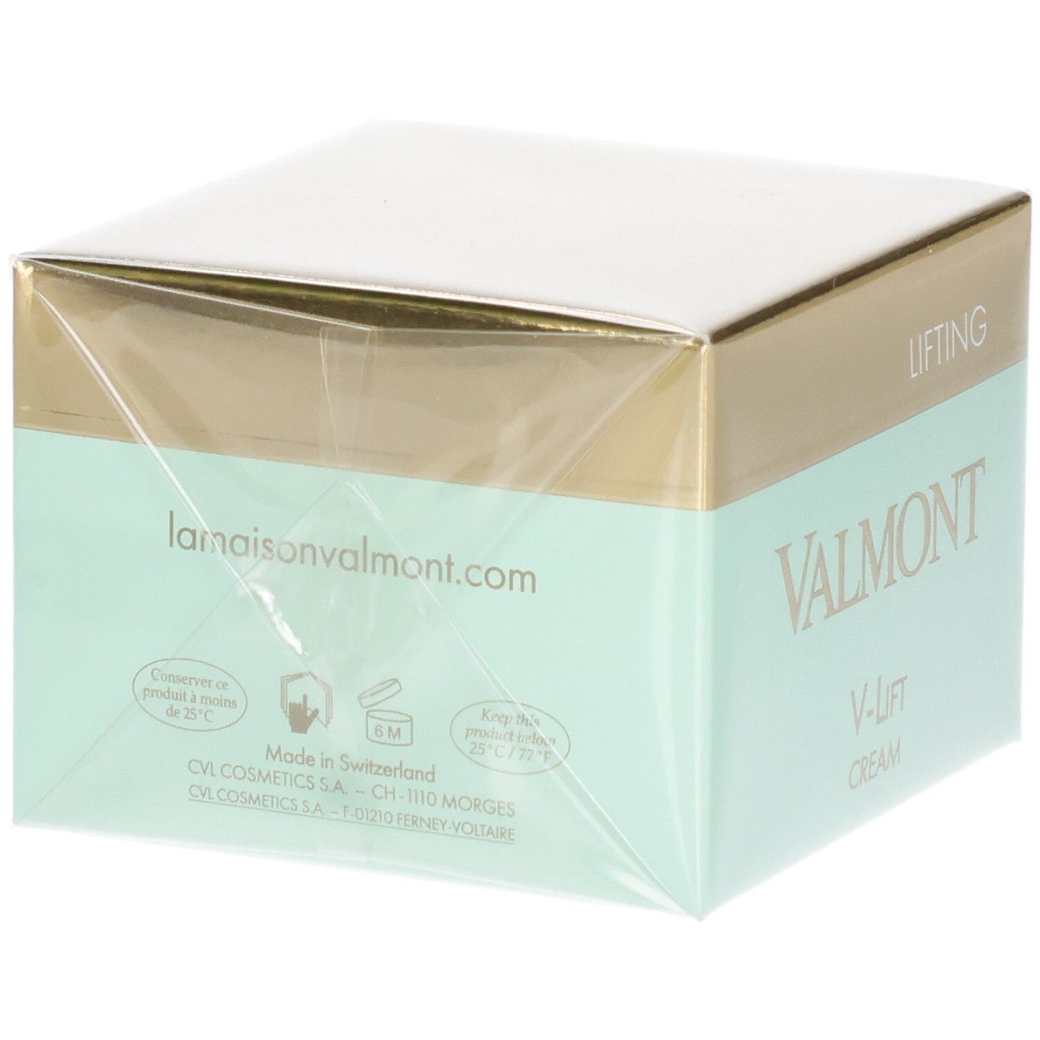 VALMONT V-Lift Cream Verpackung. Rückseite mit Website, Herstellungsort und Symbolen. "LIFTING" und "VALMONT" Schriftzug.
