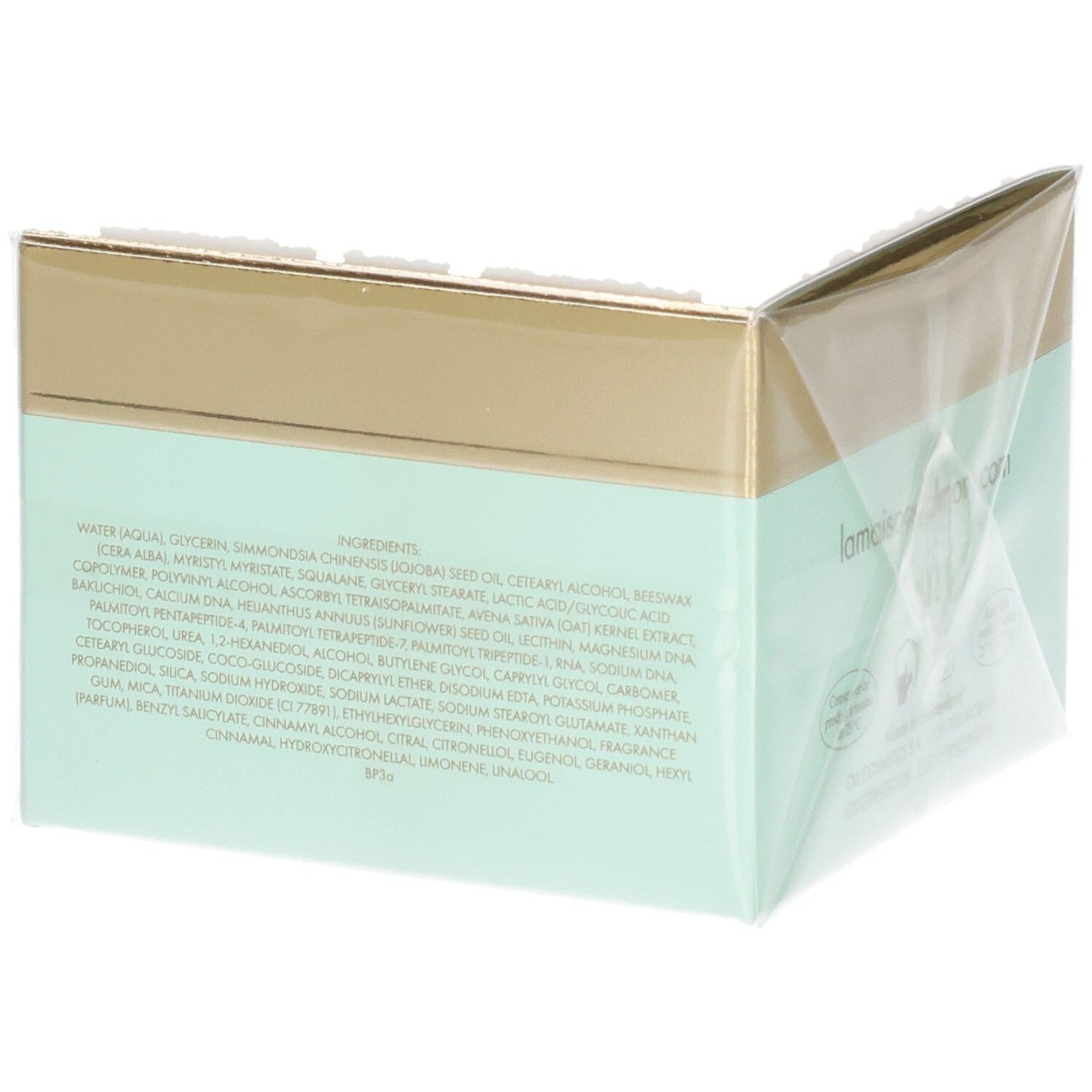 VALMONT V-Lift Cream Verpackung. Seitenansicht mit vollständiger Zutatenliste und Symbolen.