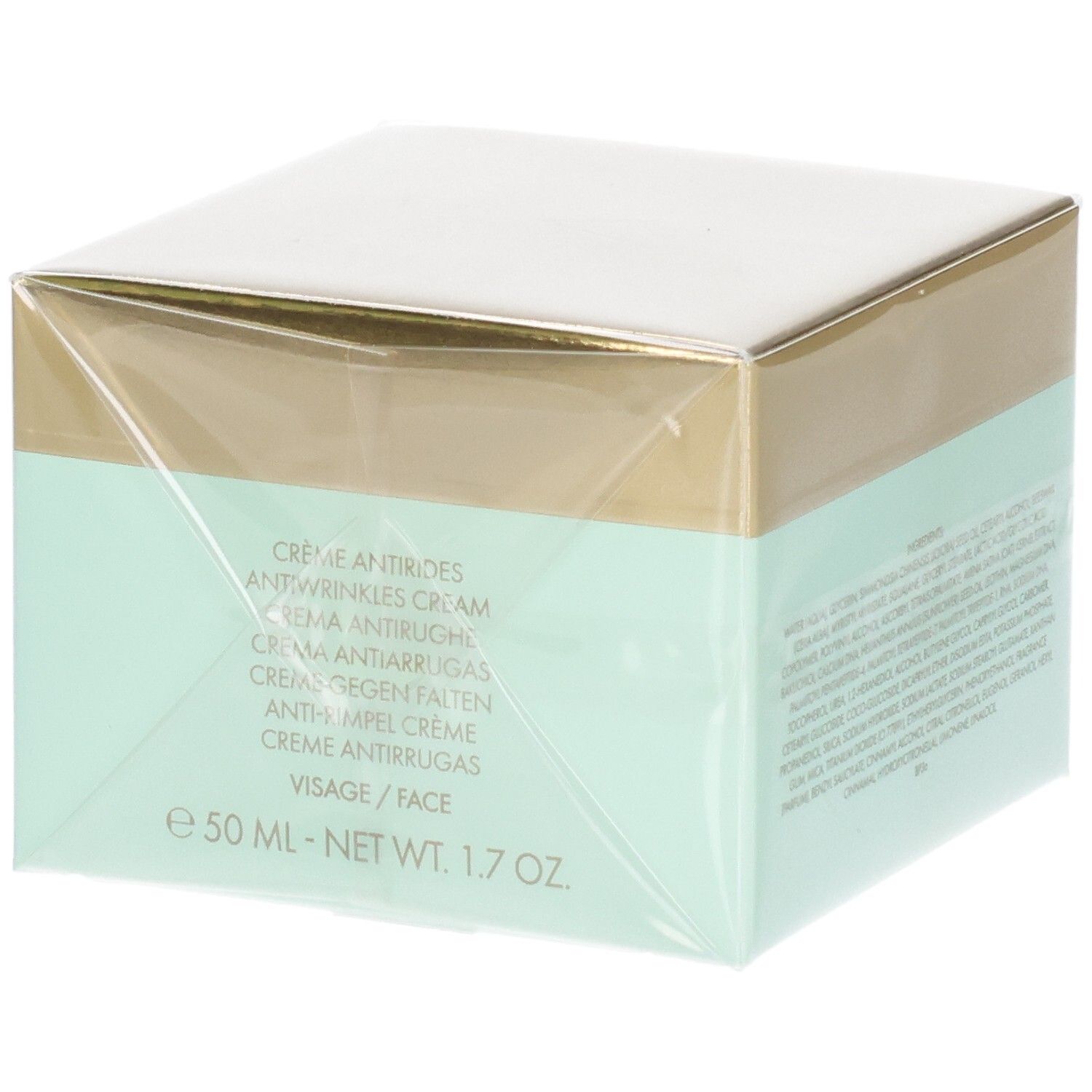 VALMONT V-Lift Cream Verpackung. Vorderseite mit "Crème antirides" und Größenangabe "50 ML - NET WT. 1.7 OZ.".
