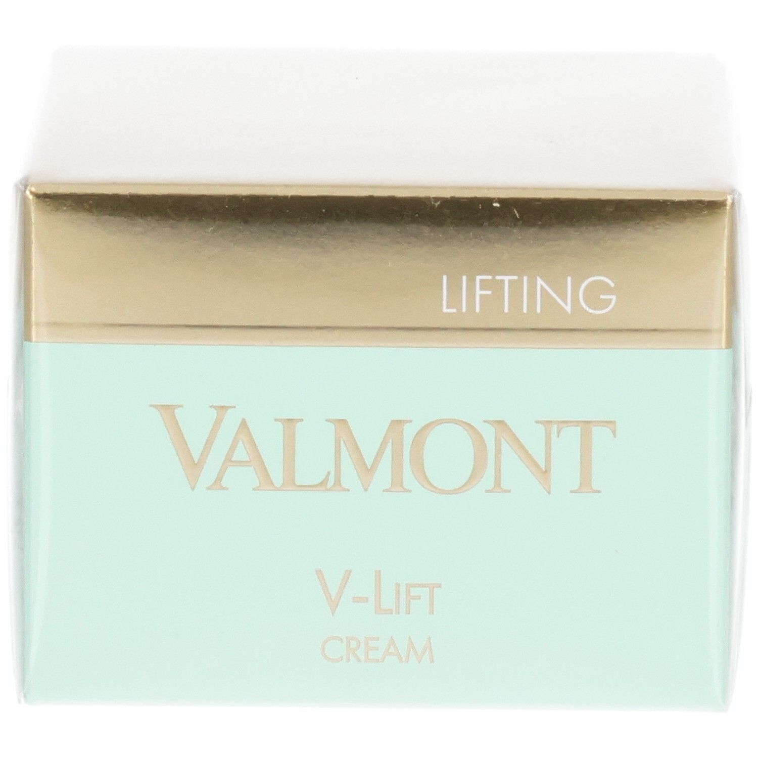 VALMONT V-Lift Cream Verpackung. Nahaufnahme der Vorderseite mit goldener und mintgrüner Banderole. "LIFTING" und "VALMONT" Schriftzug.