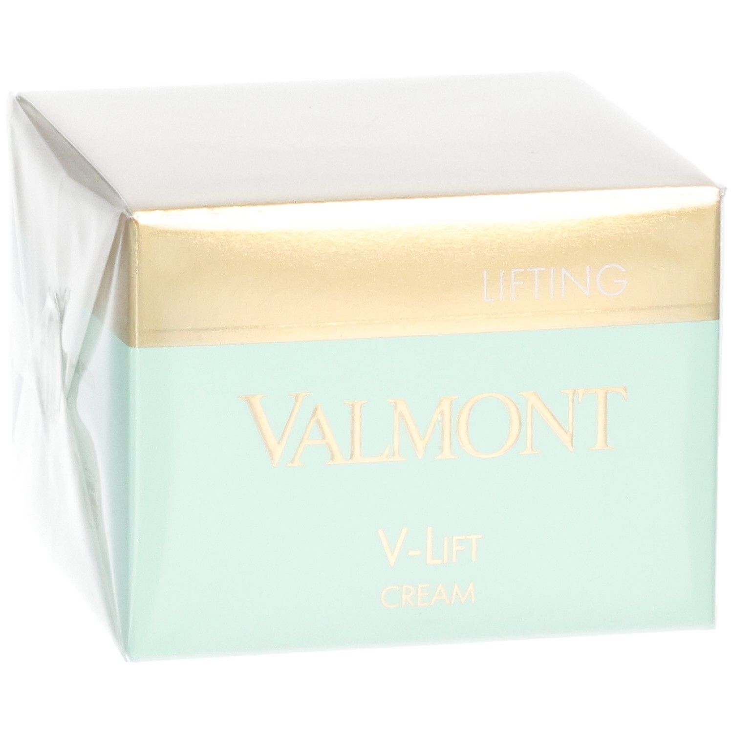 VALMONT V-Lift Cream Verpackung. Seitenansicht mit goldener und mintgrüner Banderole. "LIFTING" und "VALMONT" Schriftzug.