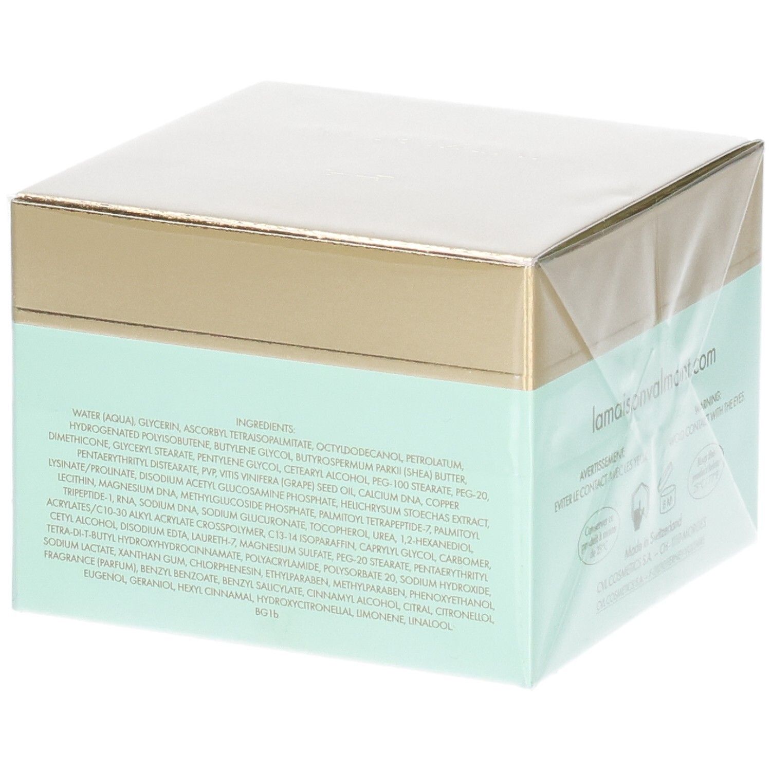 VALMONT V-Lift Neck Crème Liftante emballage avec liste d'ingrédients et informations fabricant.