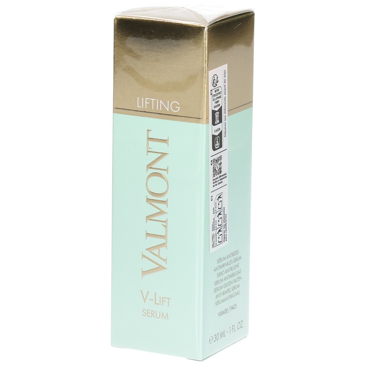 VALMONT V-Lift Serum Faltenreduzierendes Serum in mintgrüner und goldener Verpackung.