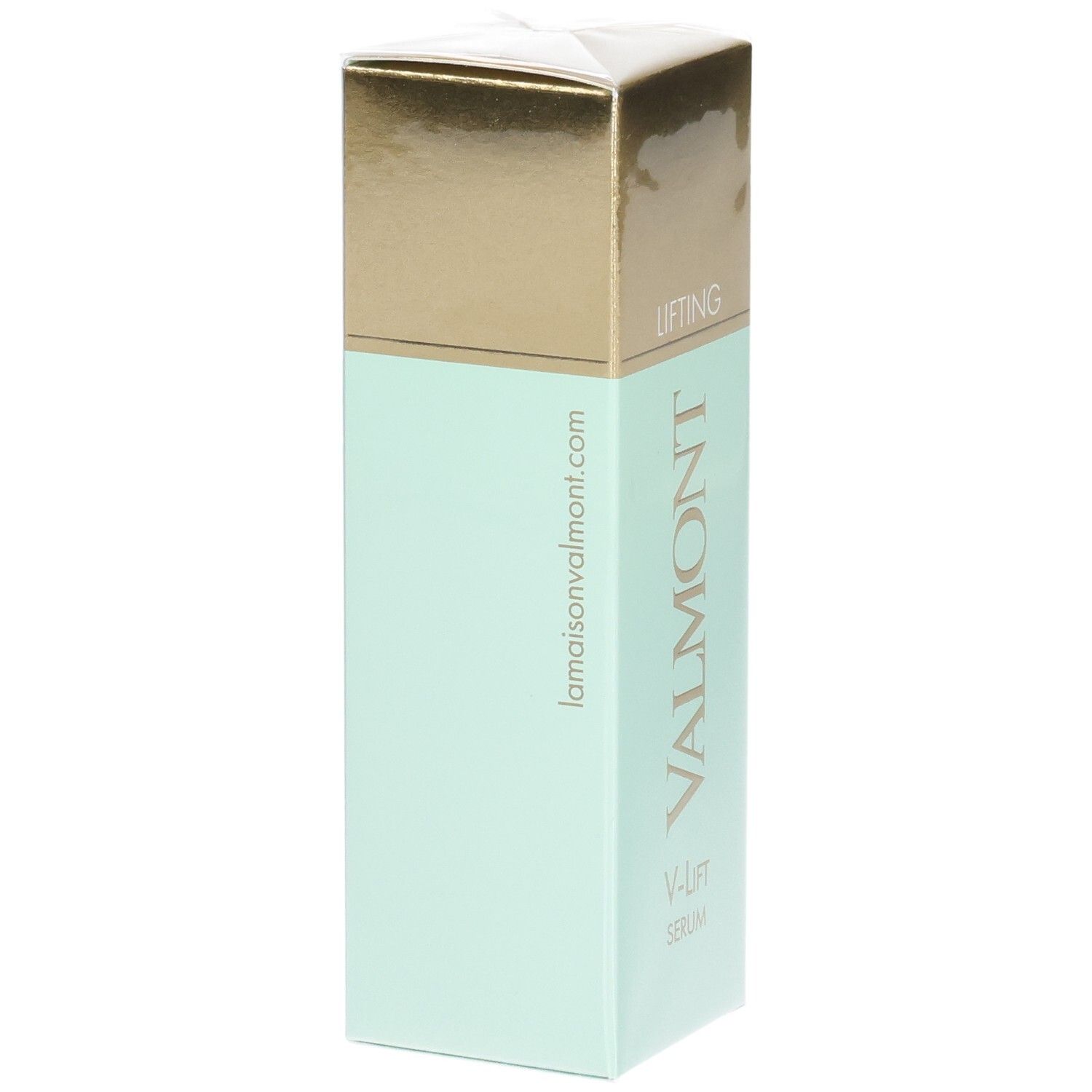 VALMONT V-Lift Serum Faltenreduzierendes Serum, mintgrüne Verpackung mit Website-Angabe.