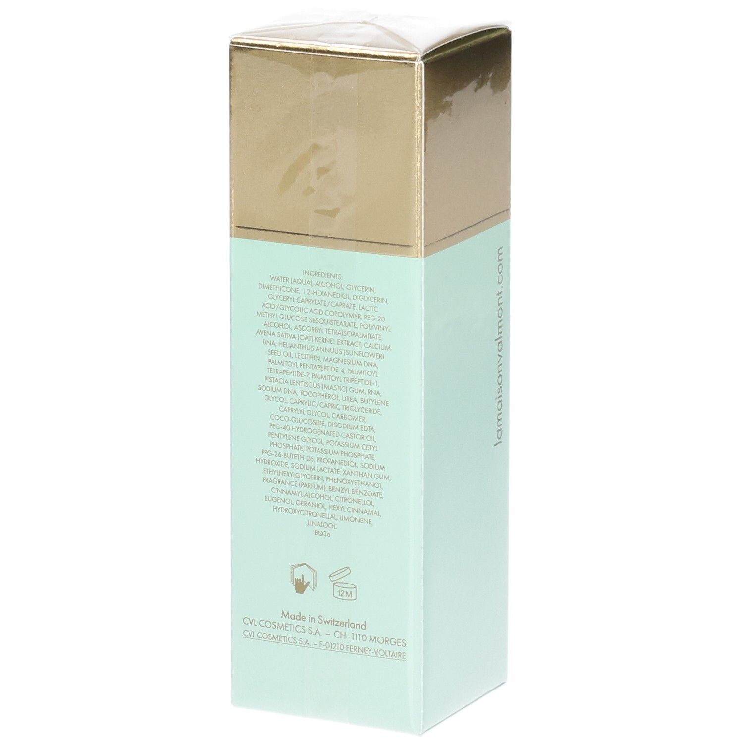 VALMONT V-Lift Serum Faltenreduzierendes Serum, mintgrüne Verpackung mit Inhaltsstoffangaben.