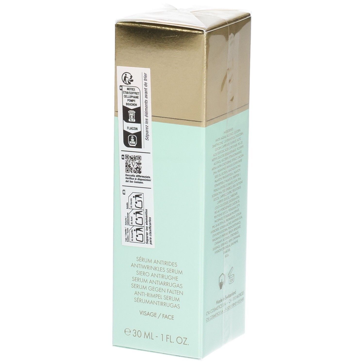 VALMONT V-Lift Serum Faltenreduzierendes Serum, mintgrüne Verpackung mit Anwendungshinweisen.