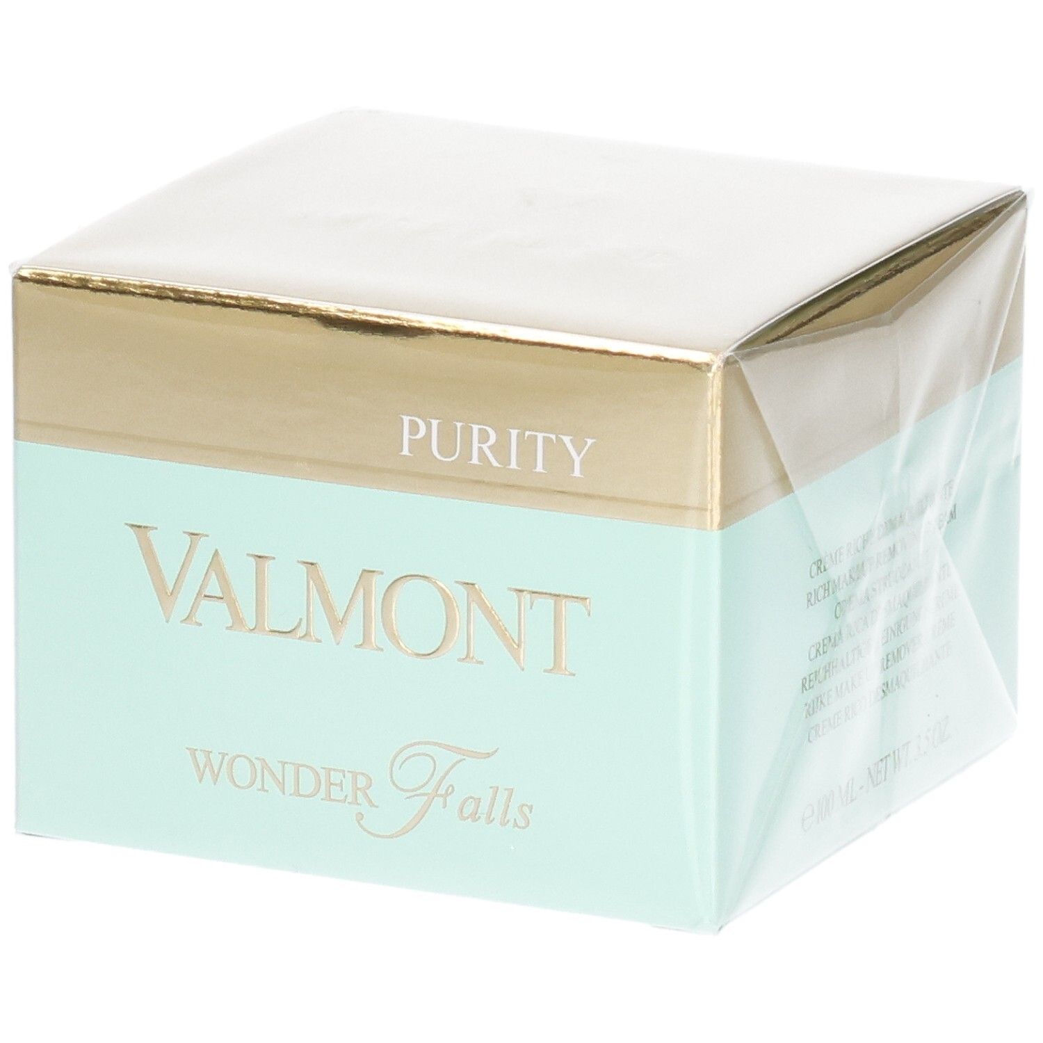 VALMONT Wonder Falls Purity Verpackung. Goldener und mintgrüner Karton mit Produktnamen.