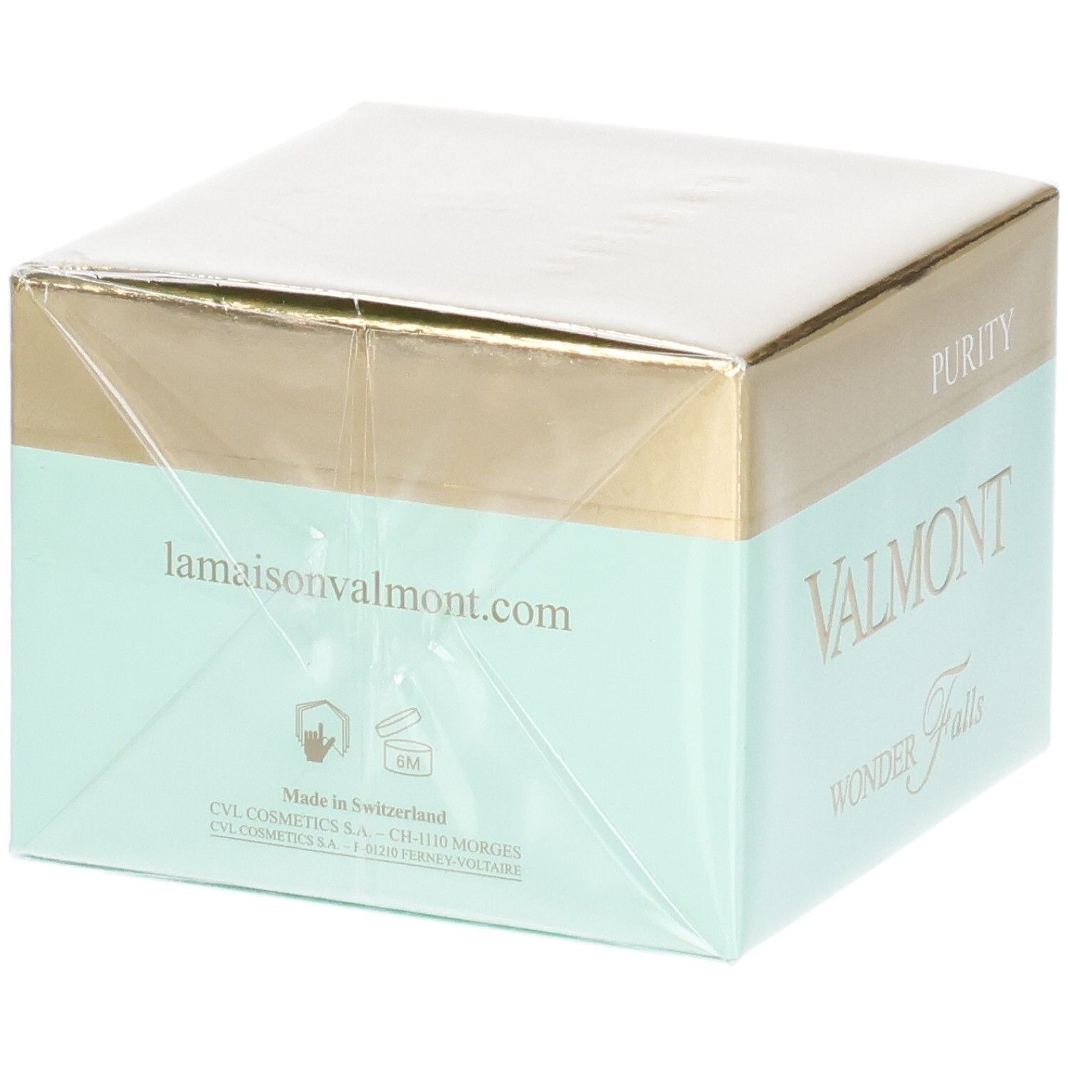 VALMONT Wonder Falls Purity Verpackung mit Website und Herstellungsangaben. Goldener und mintgrüner Karton.