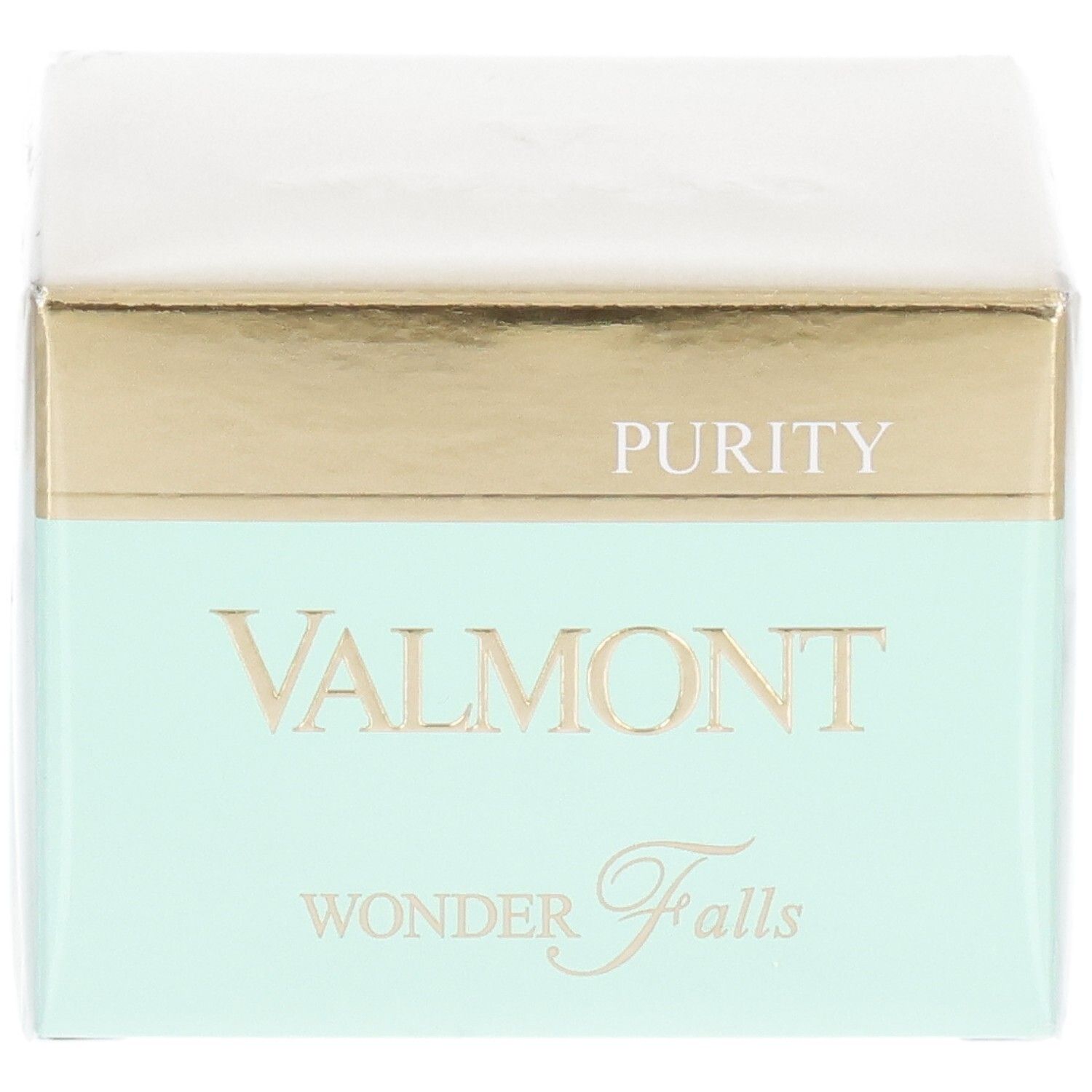 VALMONT Wonder Falls Purity Verpackung. Goldener und mintgrüner Karton mit Produktnamen und 'PURITY'.