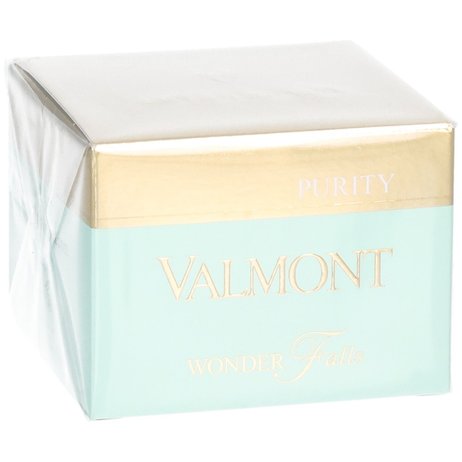VALMONT Wonder Falls Purity Verpackung. Goldener und mintgrüner Karton mit Produktnamen und 'PURITY'.
