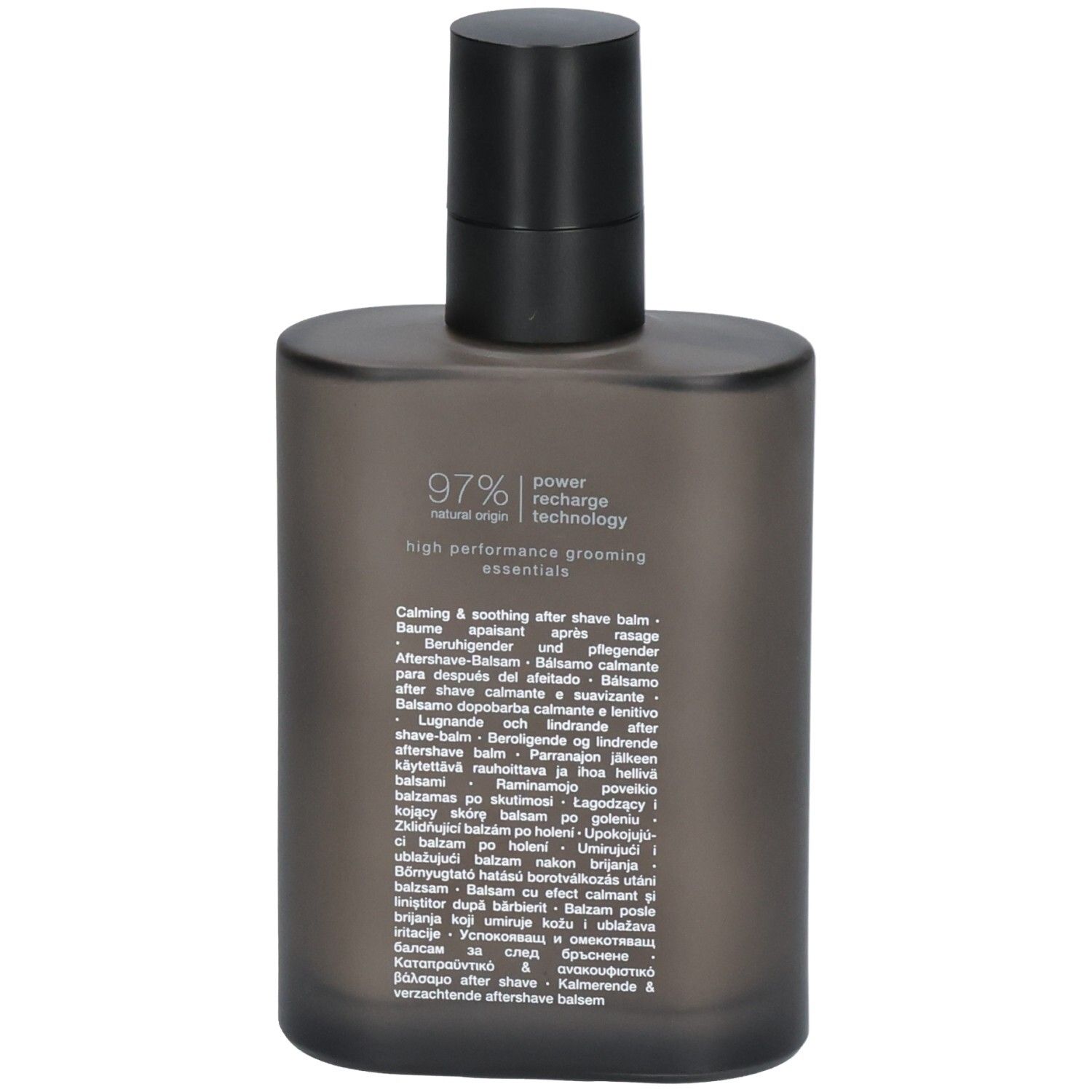 Rückseite der RITUALS Homme After Shave beruhigender Balsam Flasche mit Produktinformationen.