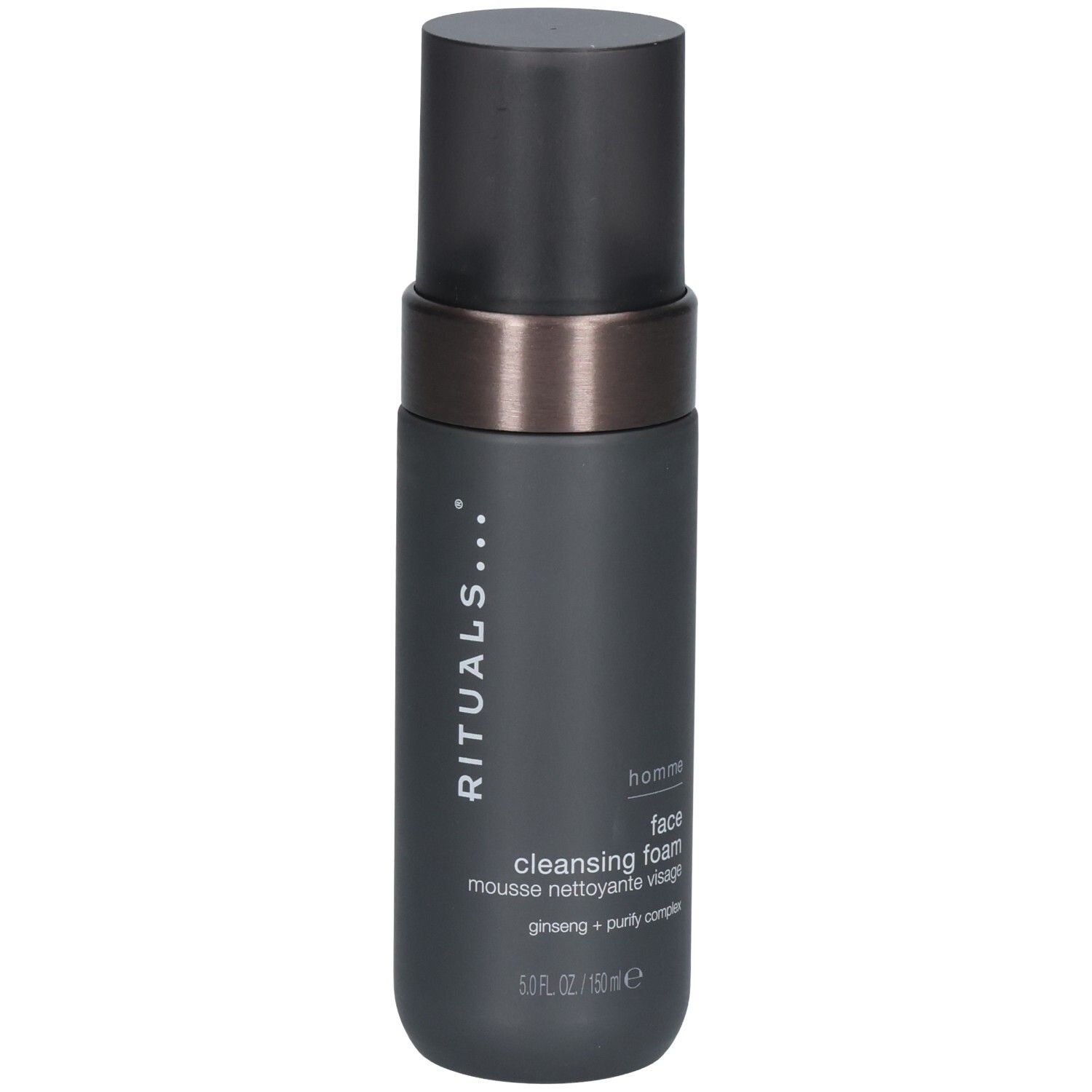 Dunkler Spender mit schwarzem Pumpspender und silbernem Ring. RITUALS Homme Gesichtsreinigungsschaum.