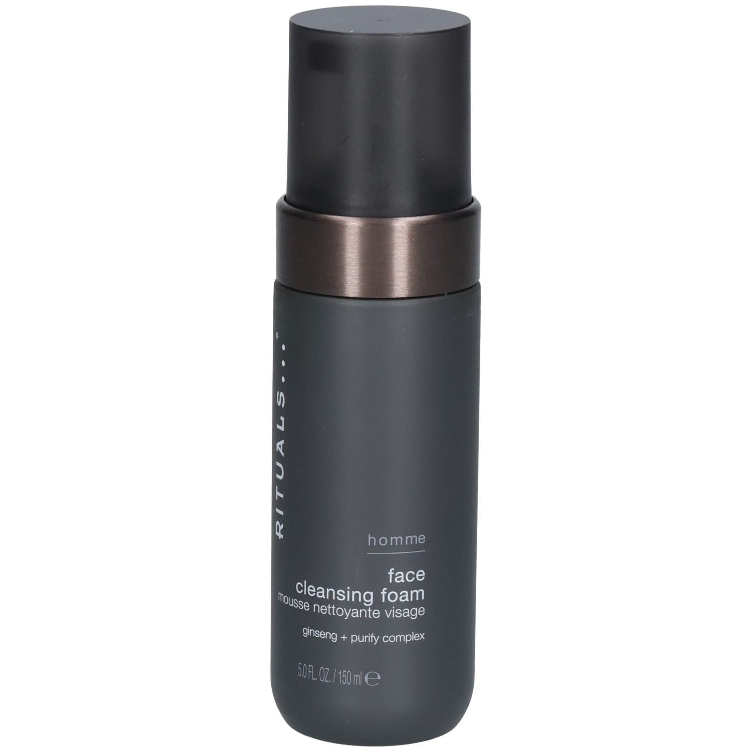 Dunkler Spender mit schwarzem Pumpspender und silbernem Ring. RITUALS Homme Gesichtsreinigungsschaum.