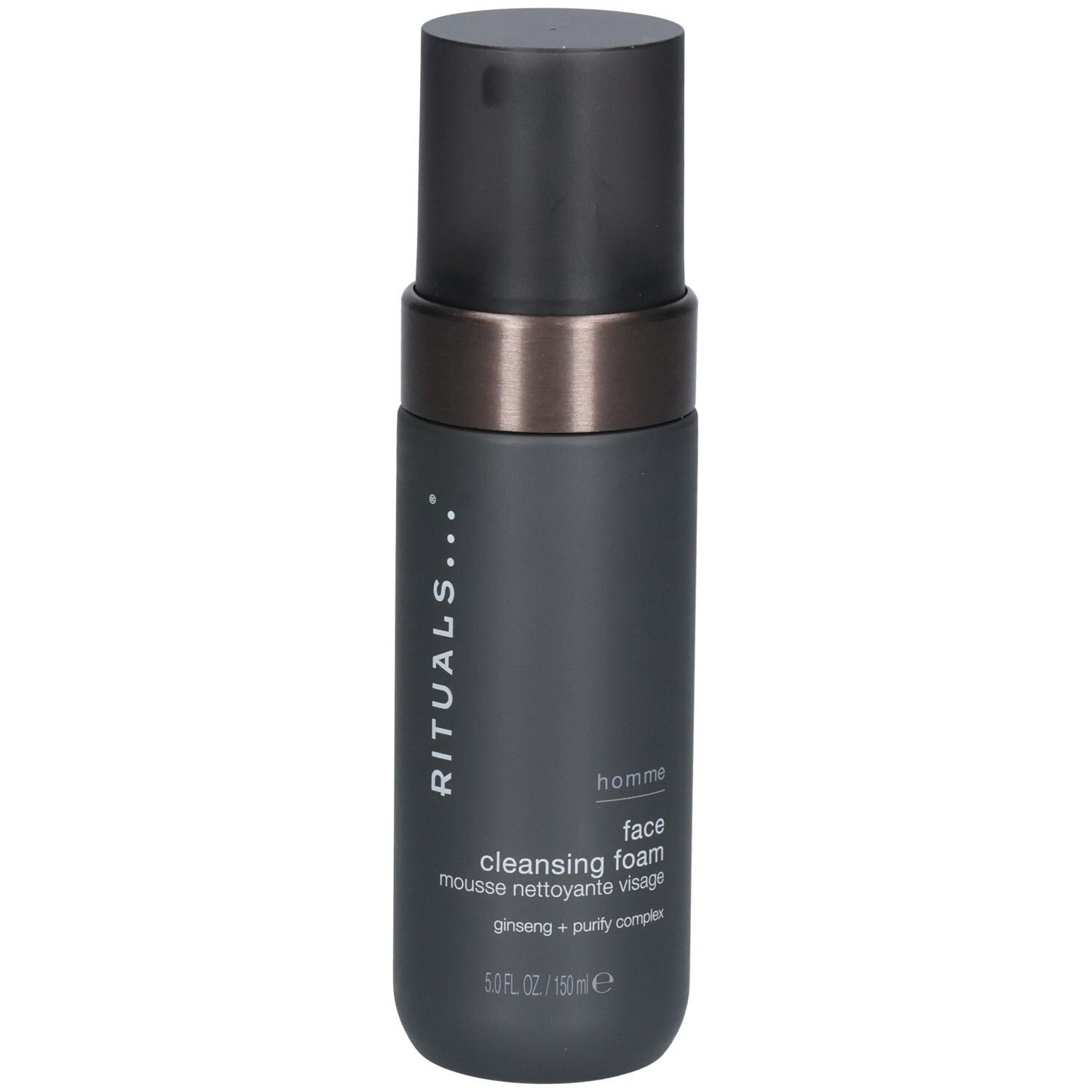 Dunkler Spender mit schwarzem Pumpspender und silbernem Ring. RITUALS Homme Gesichtsreinigungsschaum.