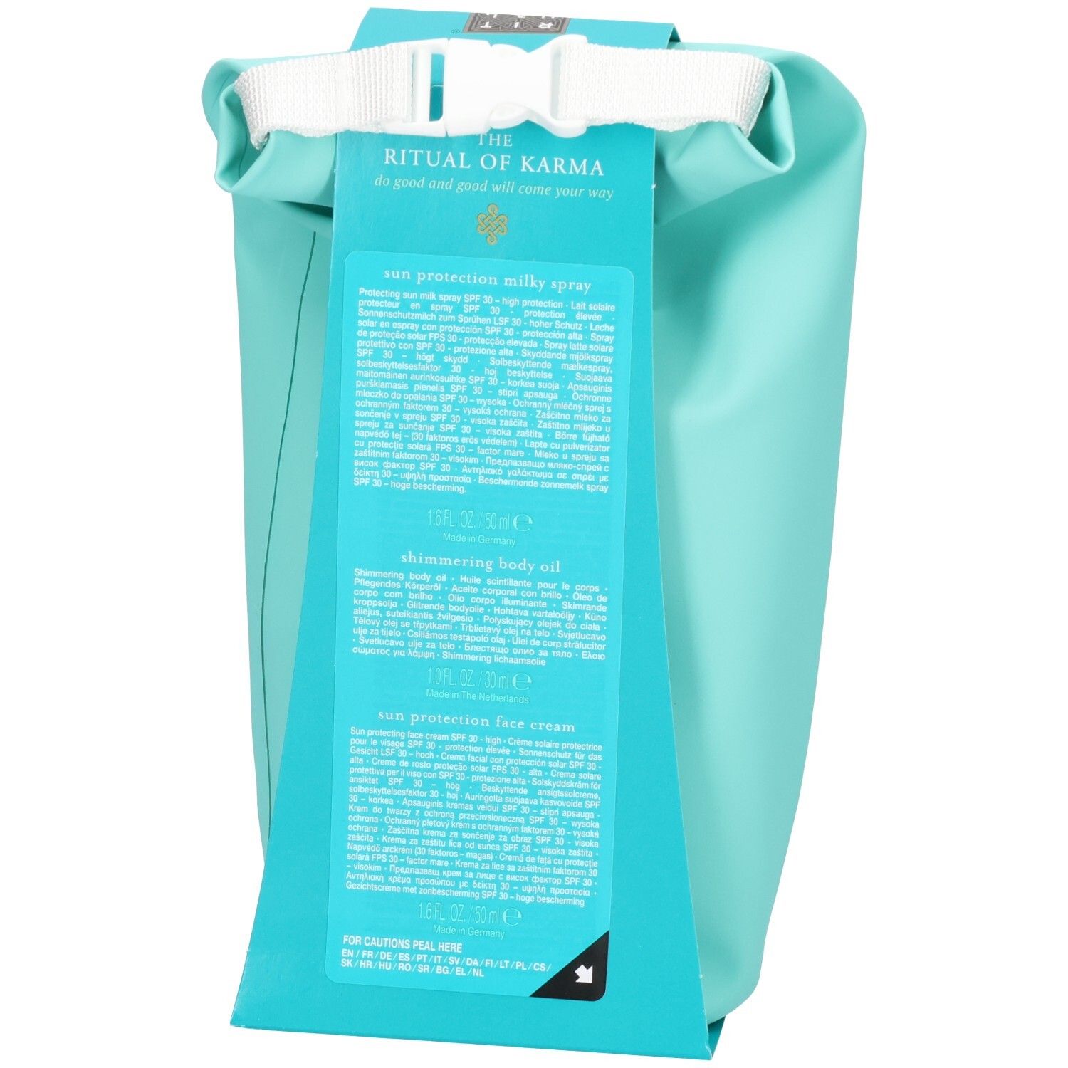 Vue latérale du set RITUALS Sun Care Bestsellers, montrant une pochette résistante à l'eau.
