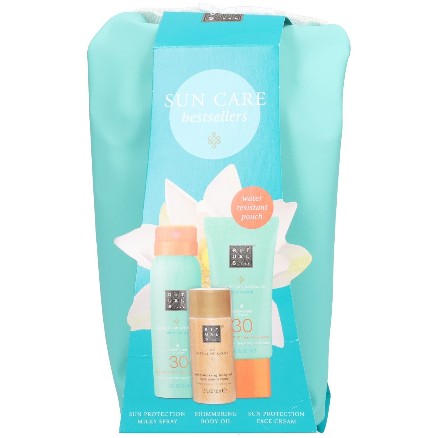 Set RITUALS Sun Care Bestsellers avec spray lacté solaire, huile corporelle et crème visage dans une pochette résistante à l'eau.