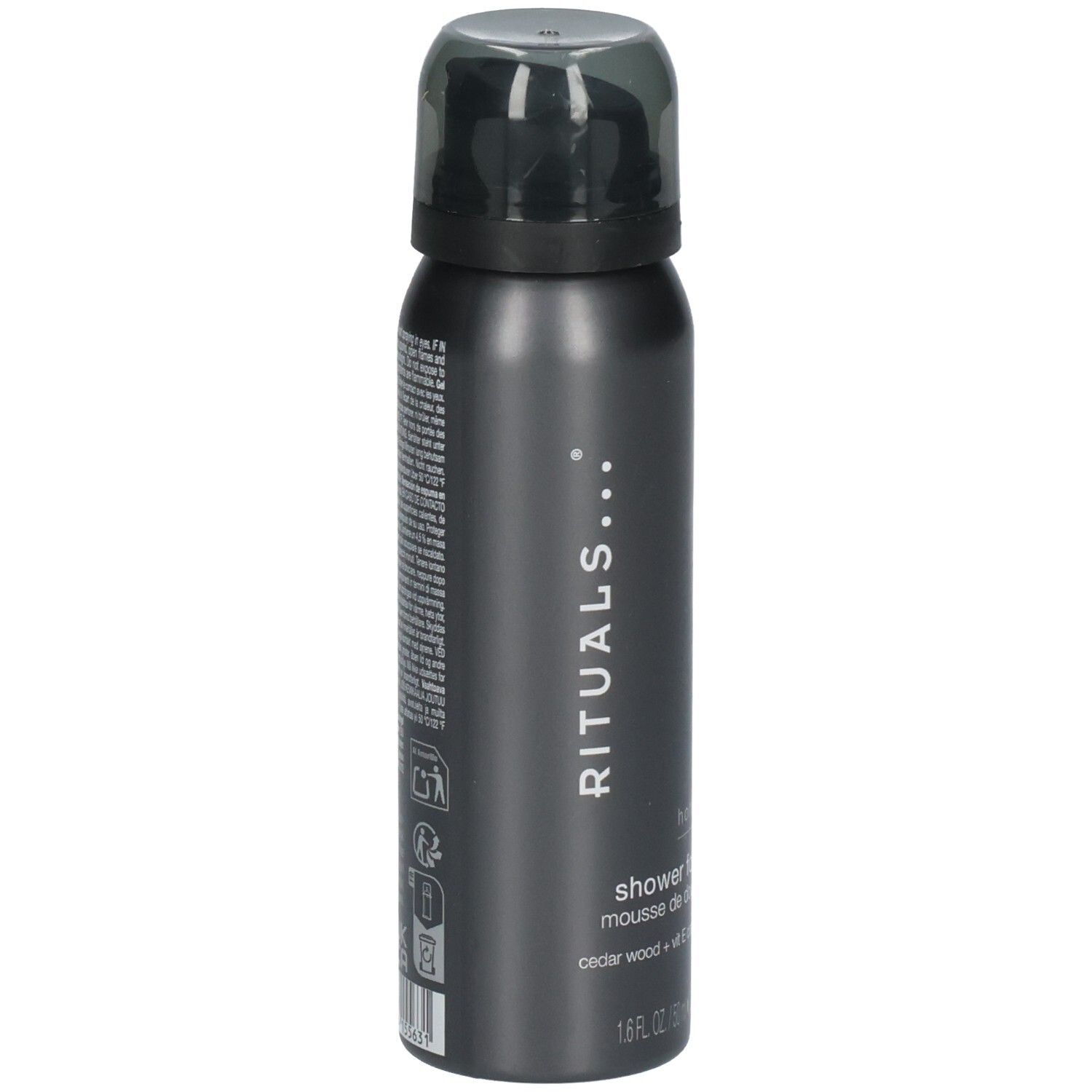 Duschschaumflasche mit schwarzem Deckel. Marke: RITUALS. "homme shower foam" und "cedar wood + vit E complex" sind auf der Vorderseite aufgedruckt.
