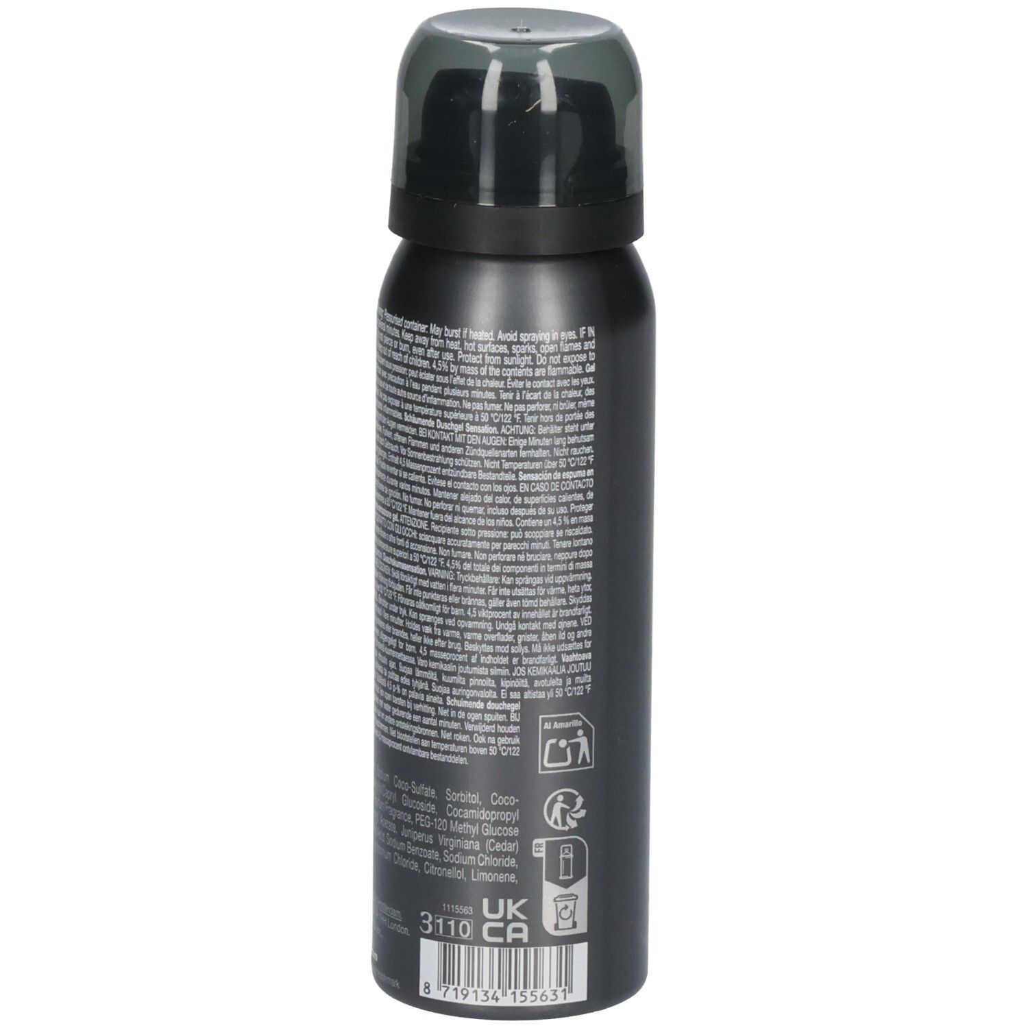 Rückseite einer Duschschaumflasche mit detaillierten Anwendungshinweisen und Inhaltsstoffen in mehreren Sprachen.