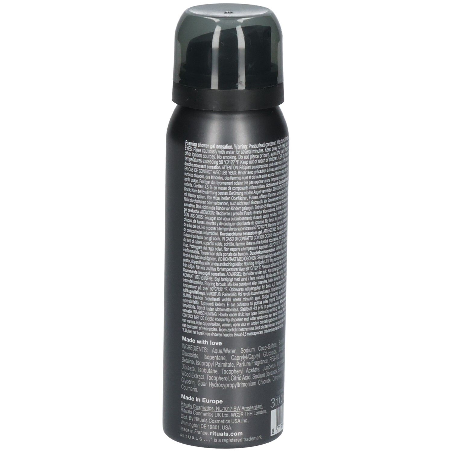 Seitenansicht einer Duschschaumflasche. Enthält Informationen über die Herstellung und Inhaltsstoffe.