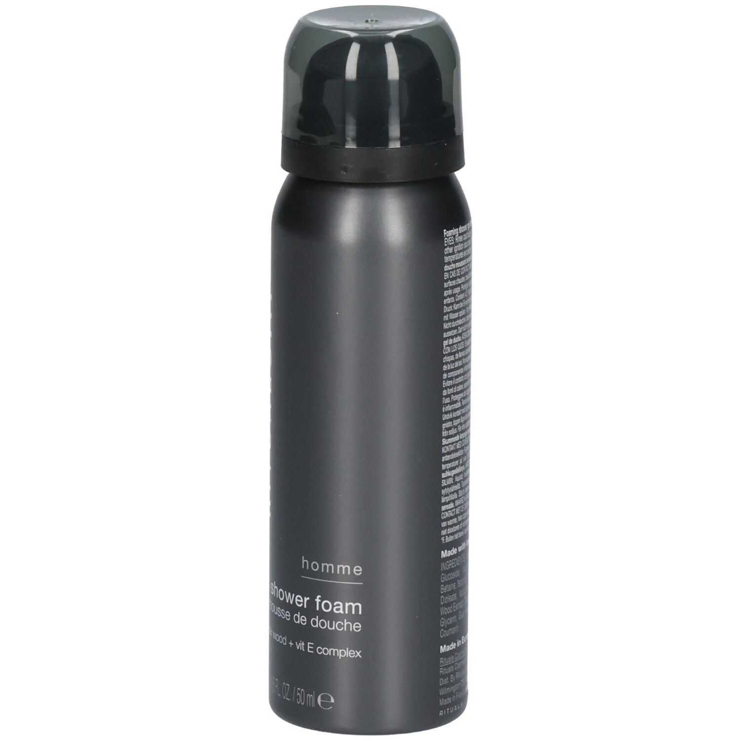 Seitenansicht einer Duschschaumflasche mit schwarzem Deckel. Die Vorderseite zeigt die Marke RITUALS und Produktinformationen.