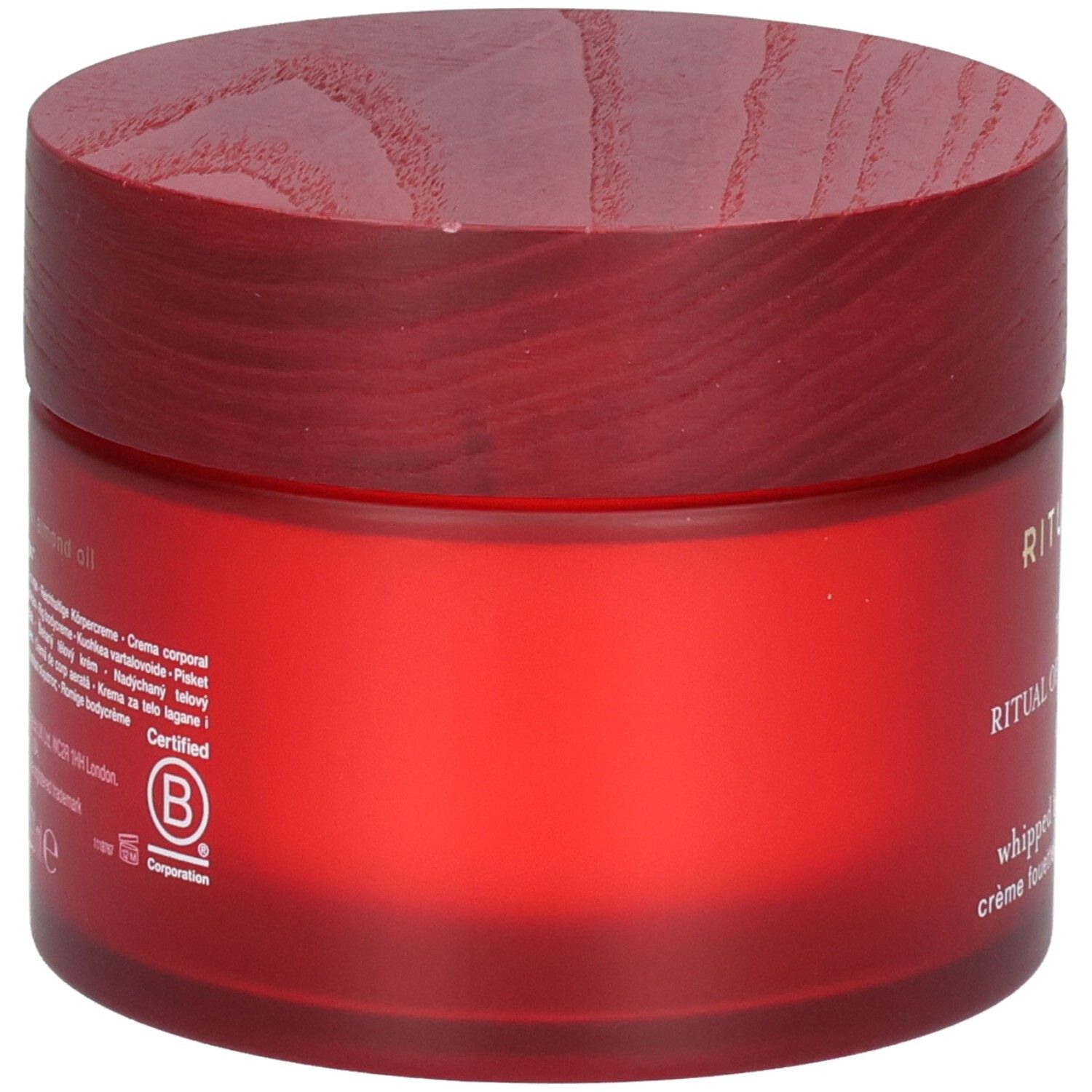 Rückseite des RITUALS The Ritual of Ayurveda Body Cream Behälters mit Inhaltsstoffen und B Corp Zertifizierung.